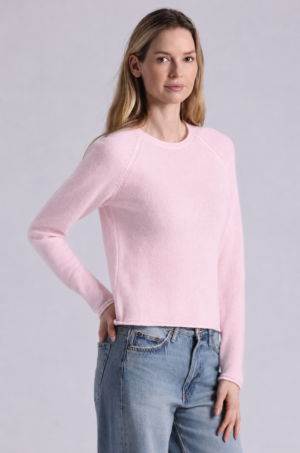 Minnie Rose Cashmere Raglan Crew With Rolled Trim 9705