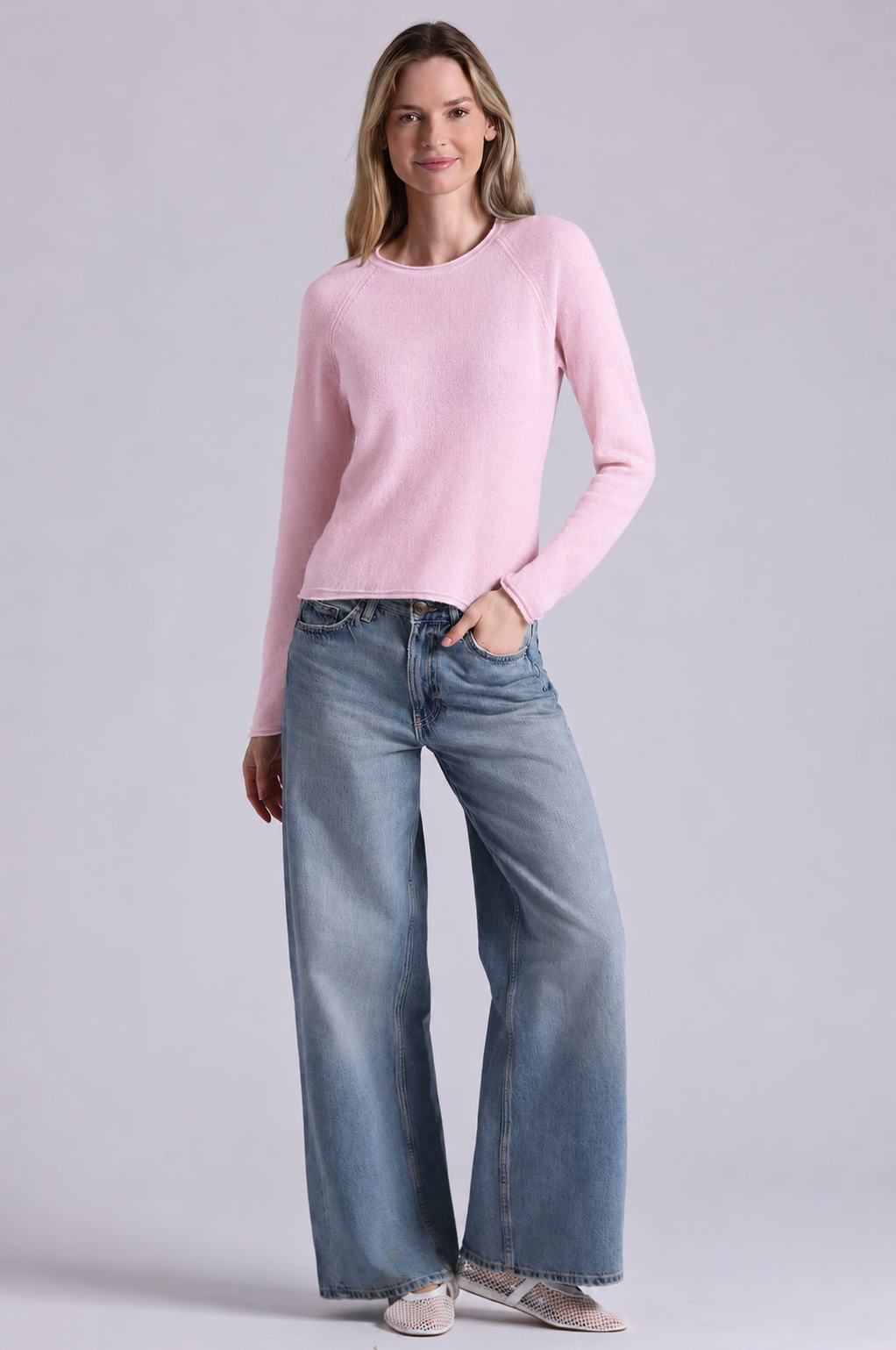Minnie Rose Cashmere Raglan Crew With Rolled Trim 9705