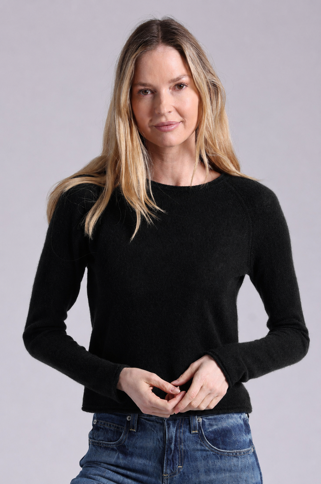 Minnie Rose Cashmere Raglan Crew With Rolled Trim