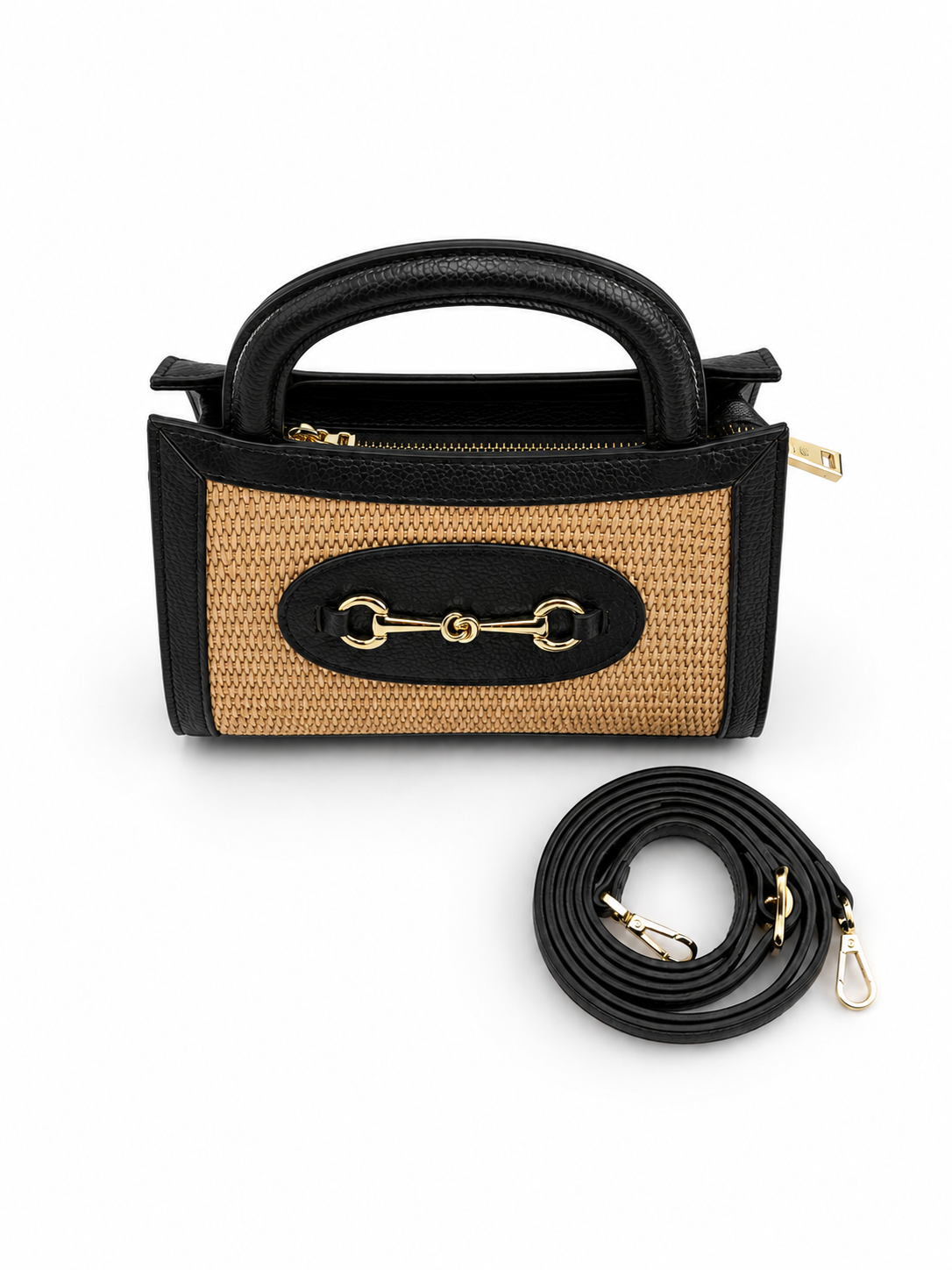 Italian Leather Collection Horsebit Raffia Top Handle Bag