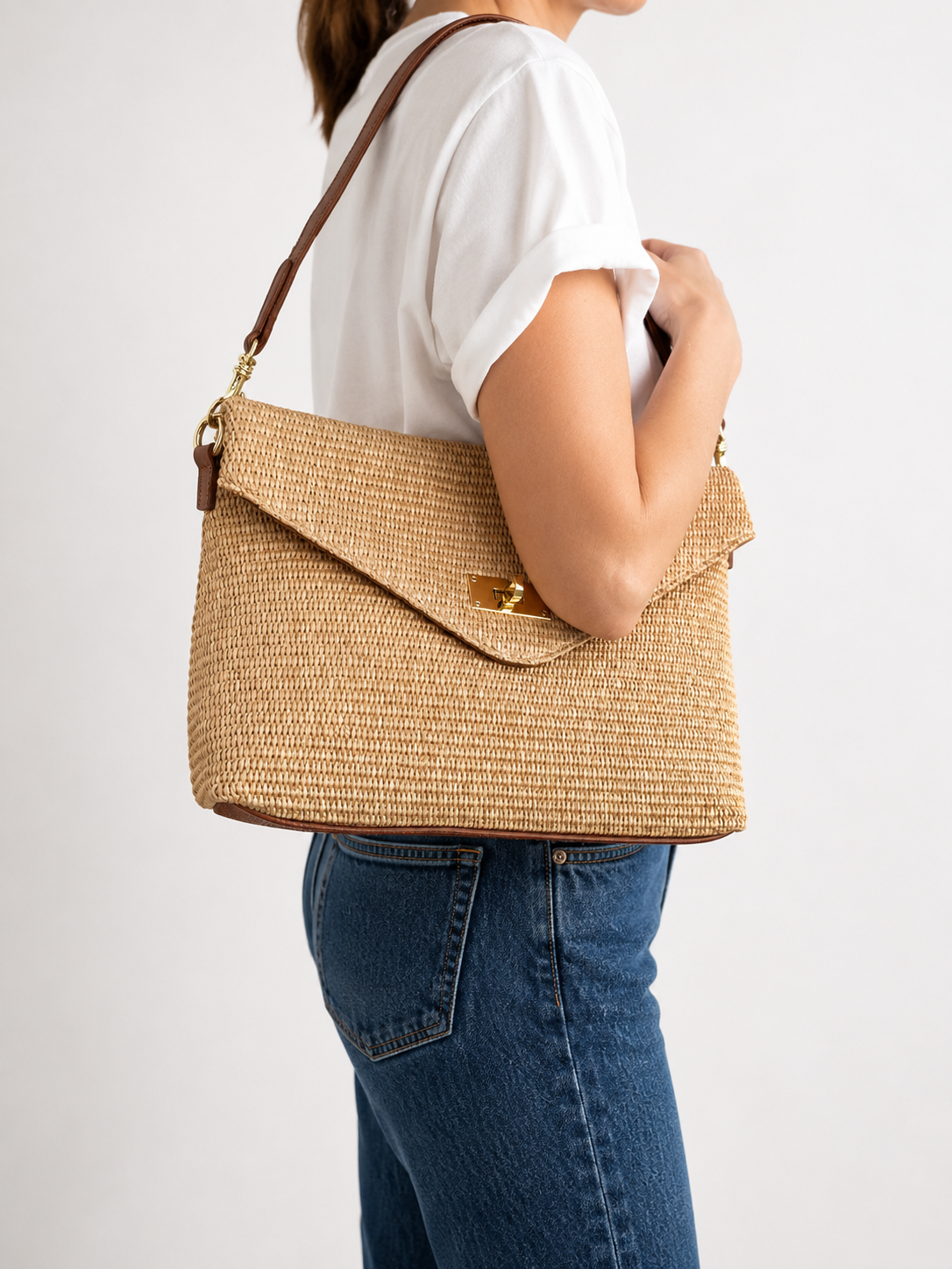 Italian Leather Collection Paige Oversized Raffia Shoulder Bag