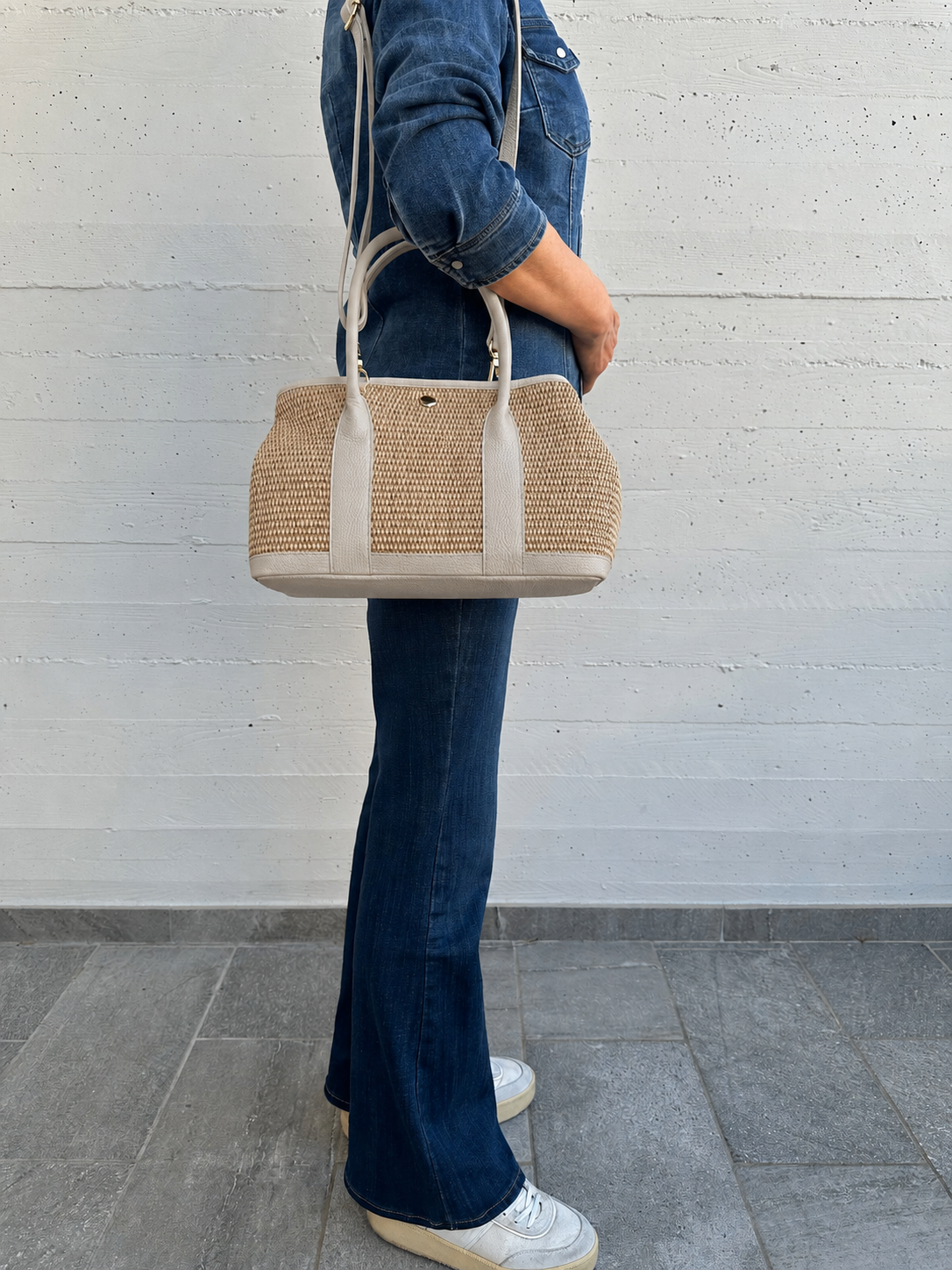 Italian Leather Collection Elise Raffia and Leather Handbag
