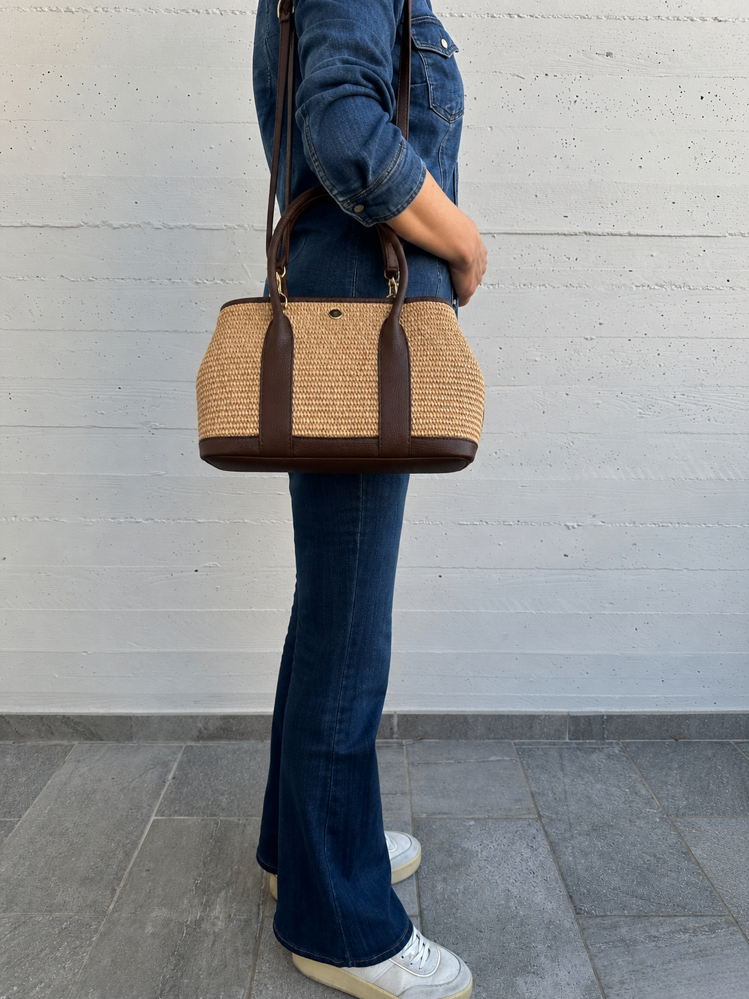 Italian Leather Collection Elise Raffia and Leather Handbag