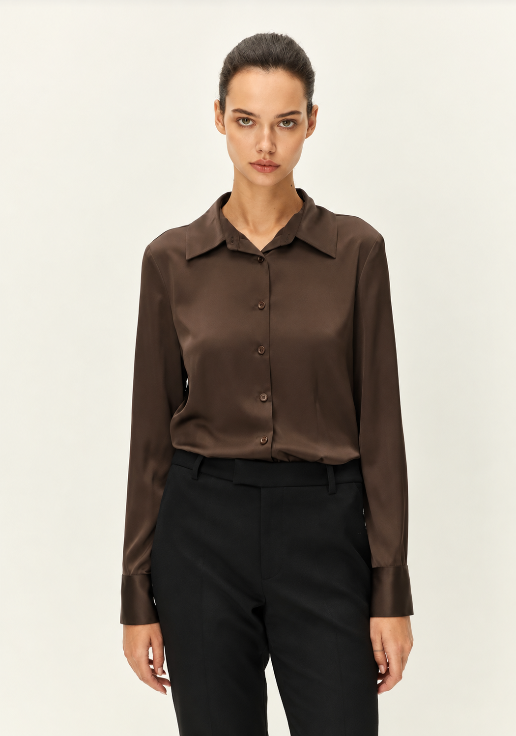 Elodie Brown Josephine Satin Button-Up Top