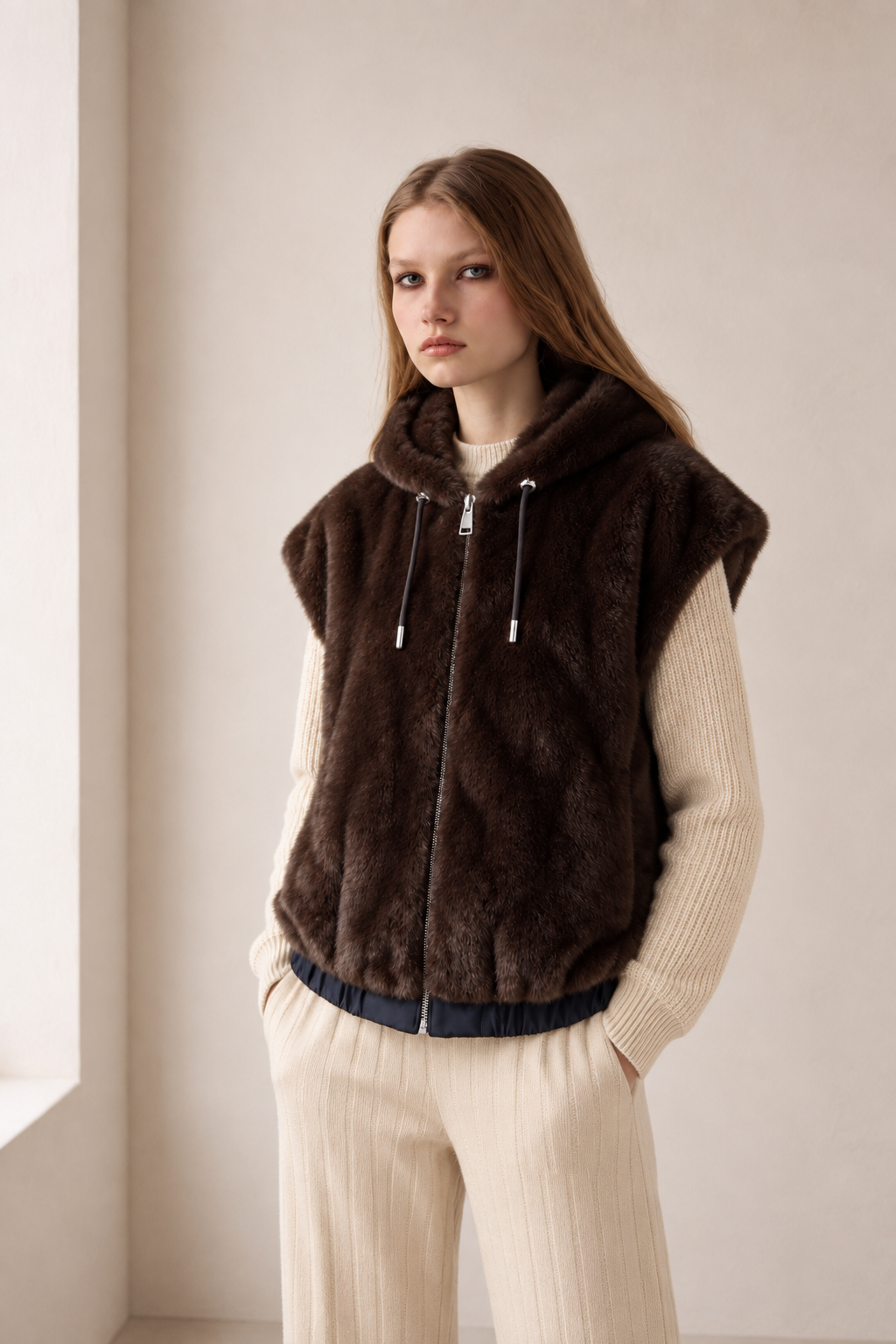 Frisson Reversible Faux Fur Vest with Hood