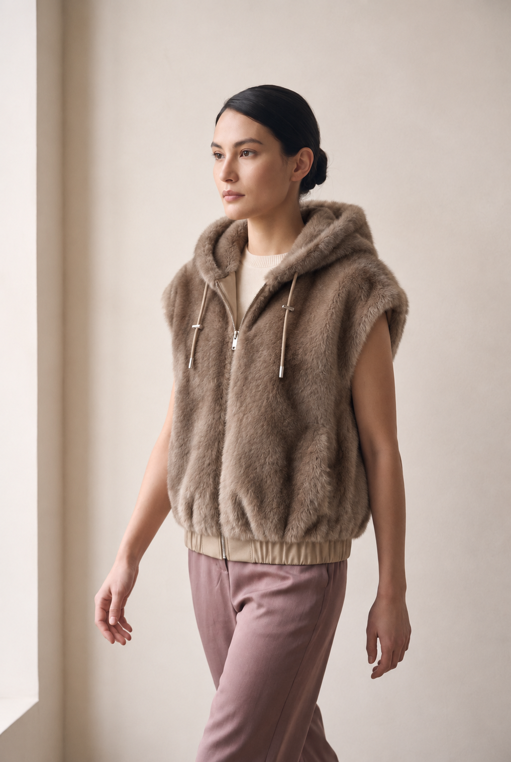 Frisson Reversible Faux Fur Reversible Vest with Hood
