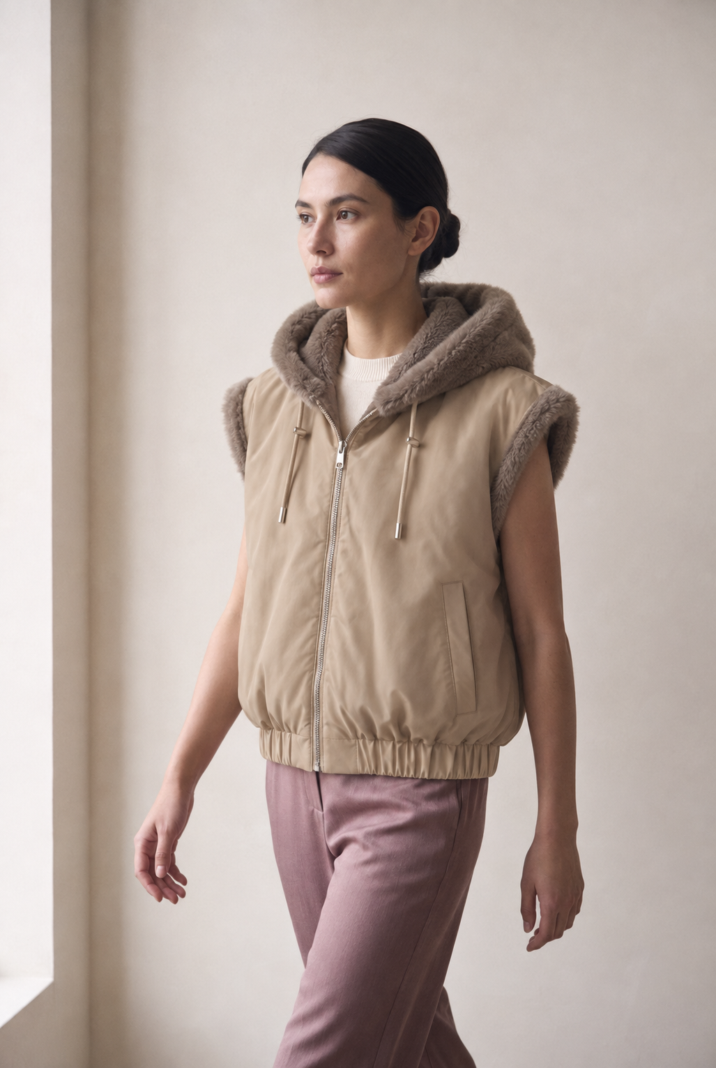 Frisson Reversible Faux Fur Reversible Vest with Hood
