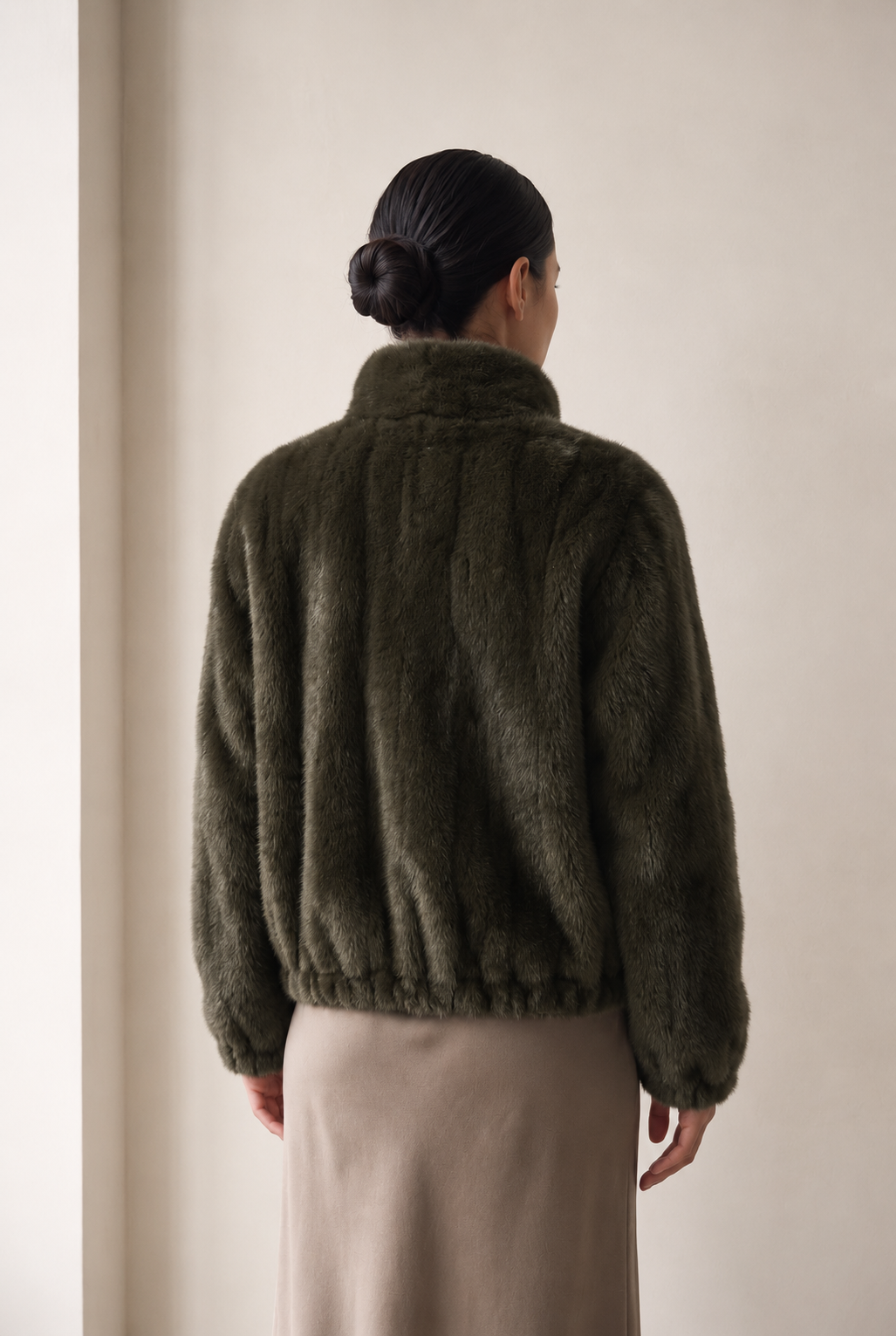 Frisson Reversible Faux Fur Bomber Jacket in Army Green