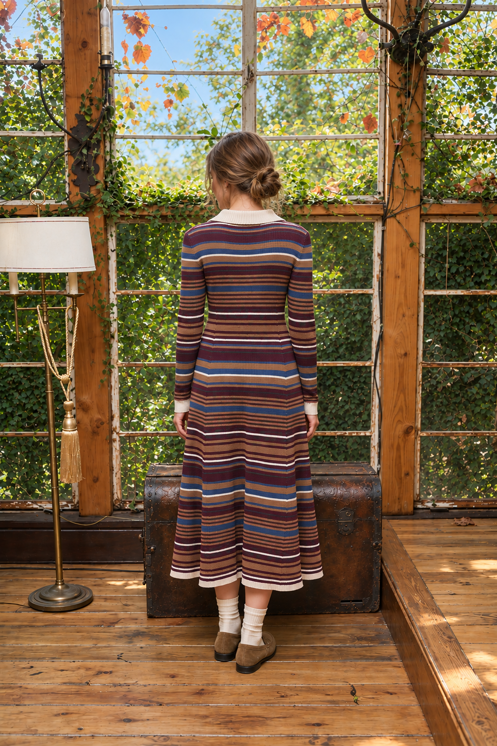 Moon River Multicolor Stripe Collared Long Sleeve Midi Dress MR14404