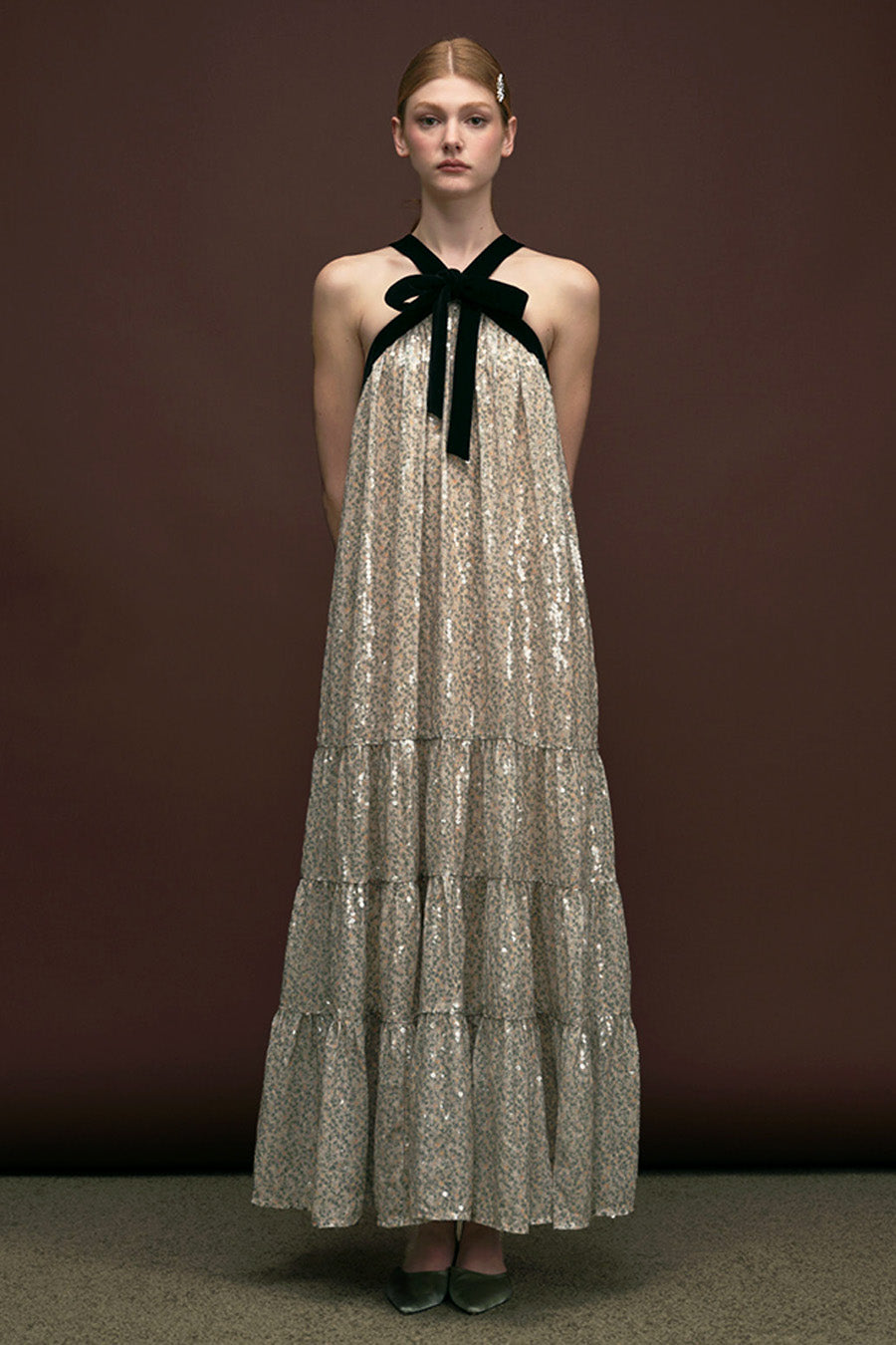 Maude Club Floral Print Sequin Halter Maxi w/Velvet Bow