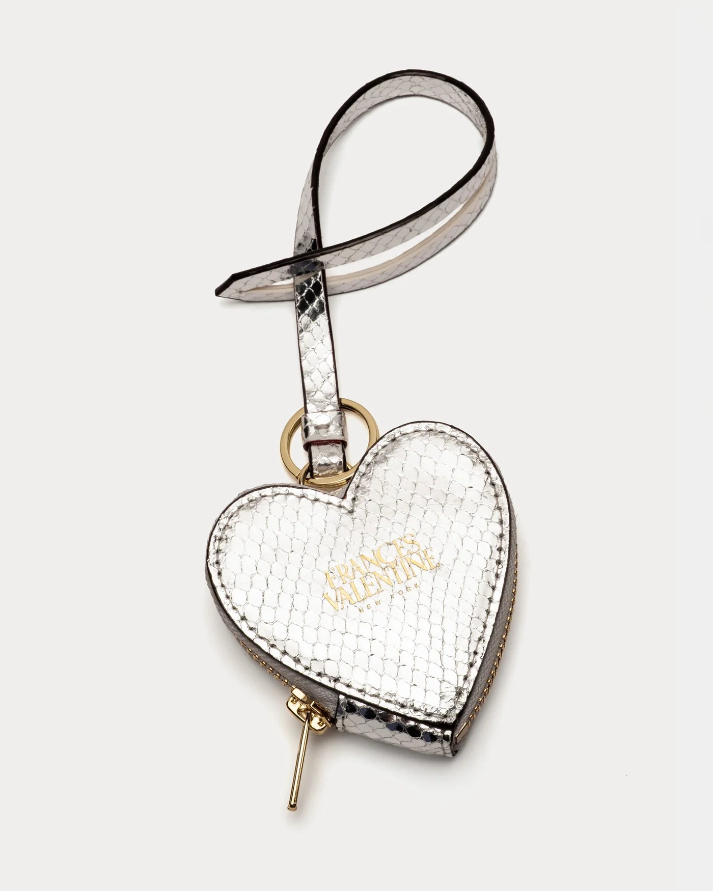 Frances Valentine Heart Keychain Charm Metallic Snake Leather