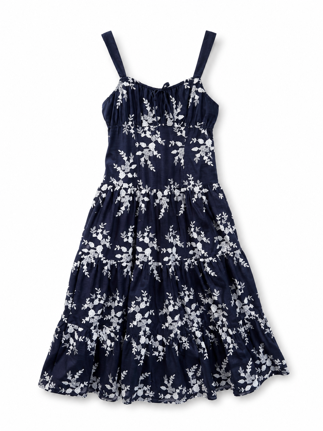 Moon River Floral Embroidery Front Tie Tiered Midi Dress MR9878