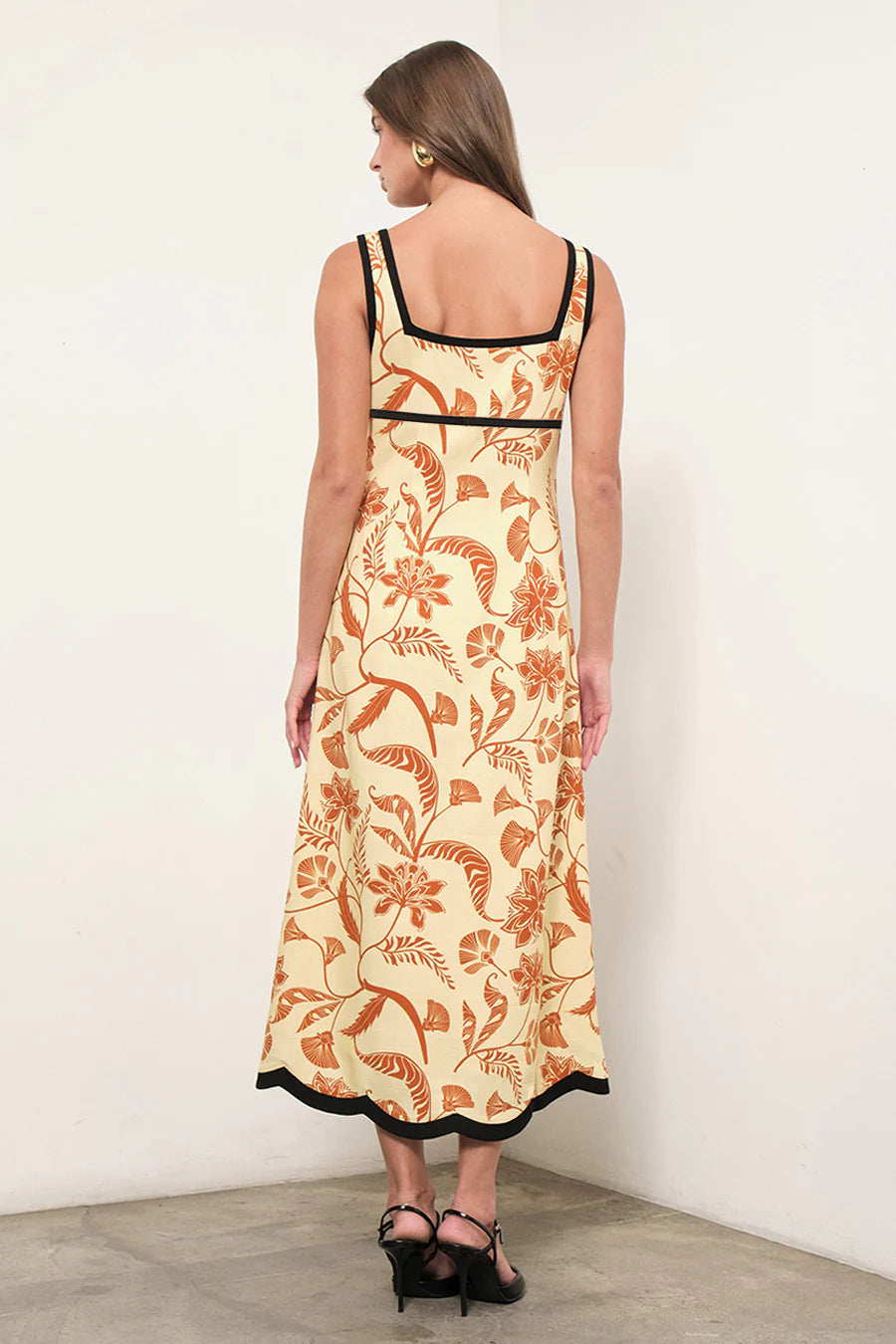 Maude Club Melanie Palm Print Linen Midi Flare Dress w/ Scallops MC755D