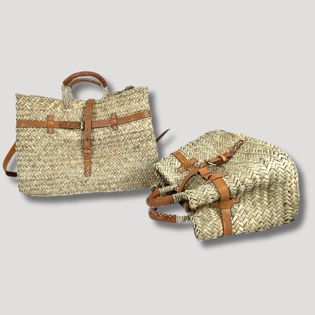 French Market Bags Double Woven Straw Bag with Leather Buckle #17