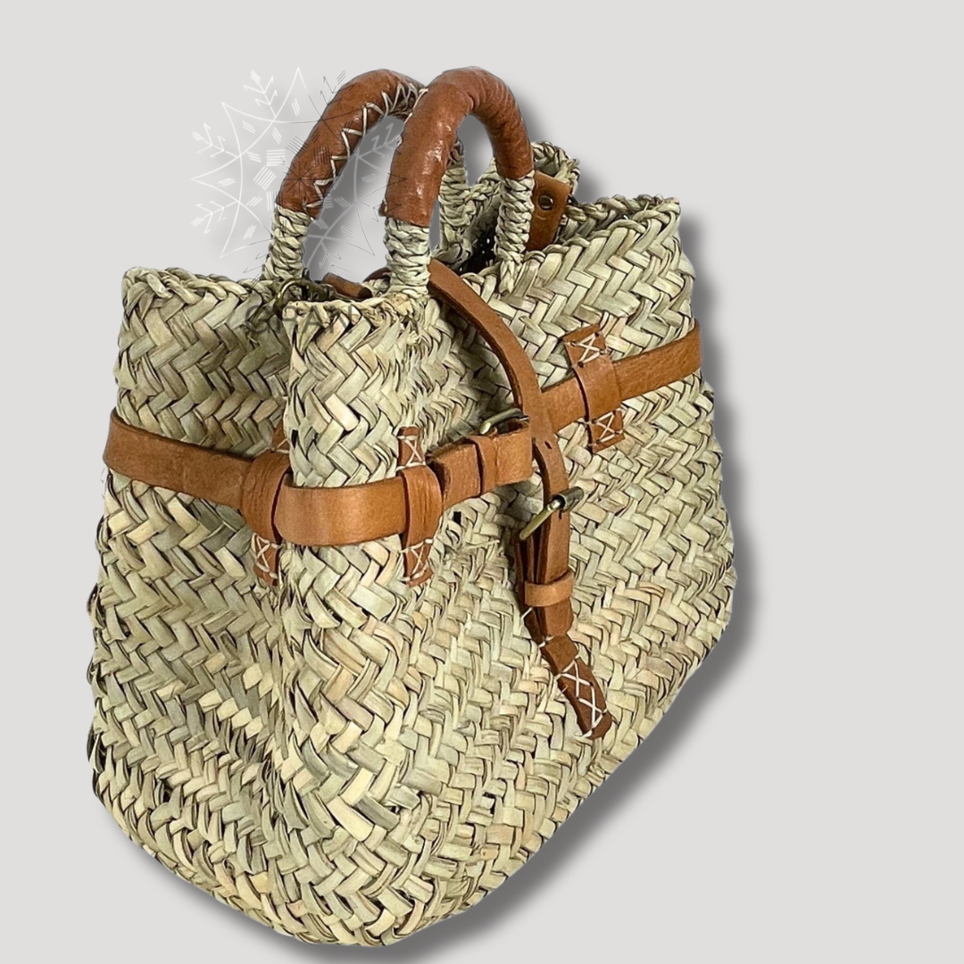 French Market Bags Double Woven Straw Bag with Leather Buckle #17