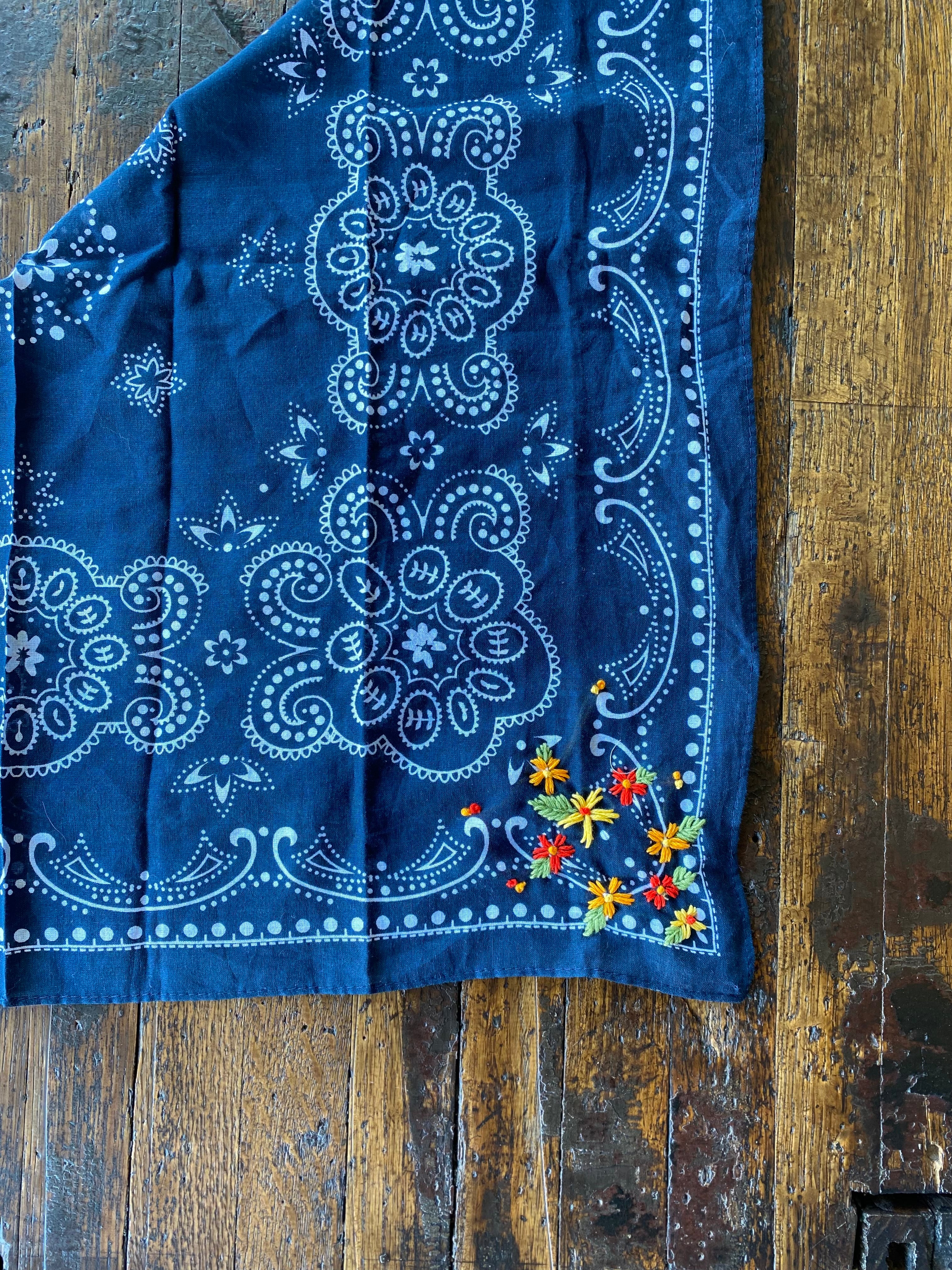 Little Lamb Embroidered Navy Bandana With Bright Flowers