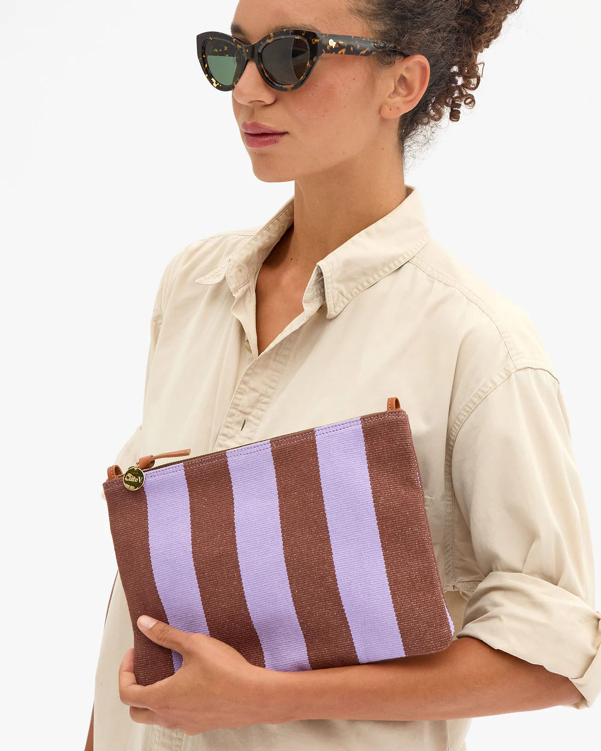 Clare V. Flat Clutch w/ Tabs-Canvas Stripe CVS1001194-JCHZN