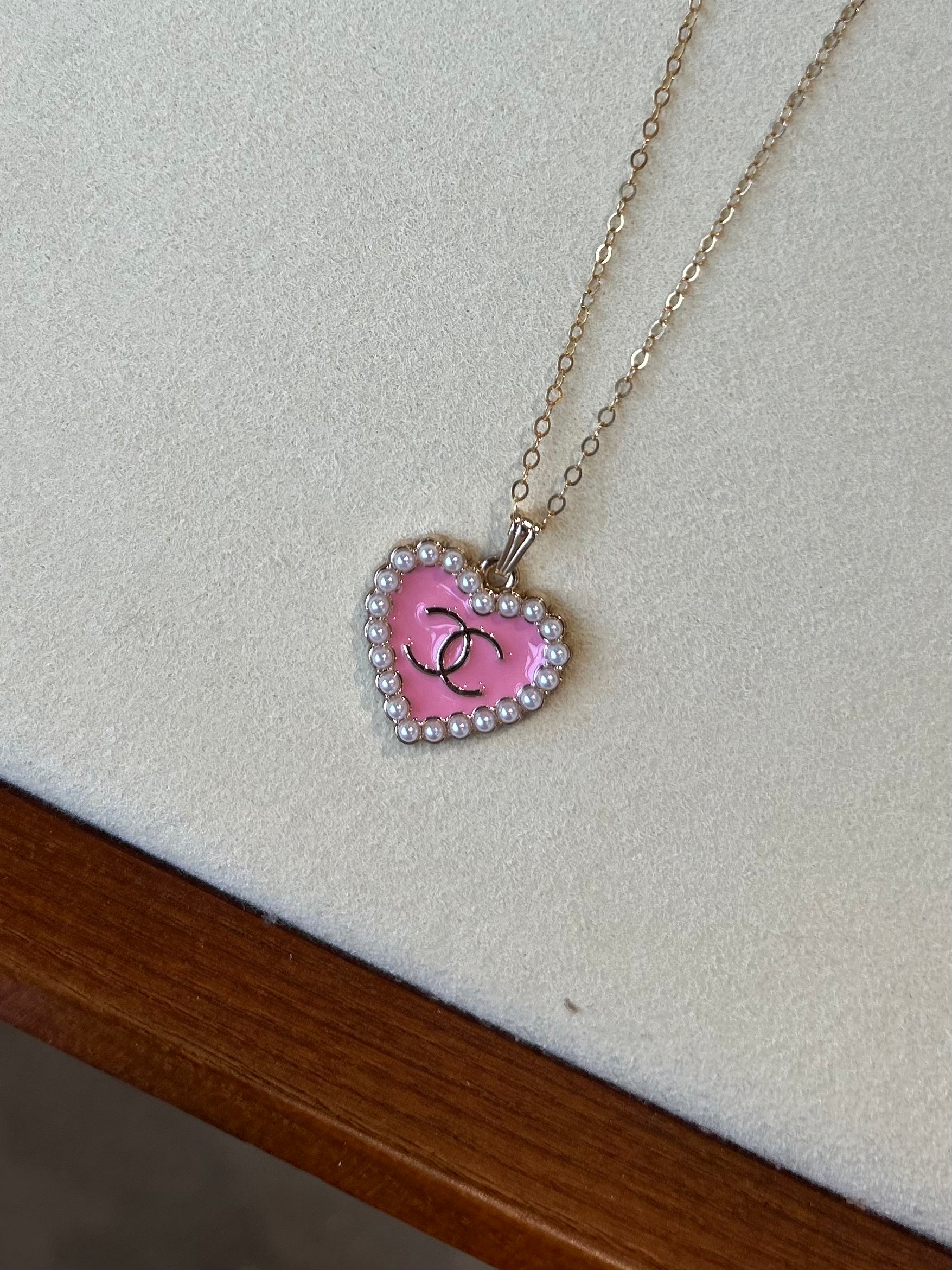 Luxury Upcycled Double "C" Pearl Pink Heart 14k Gold Filled Flat Cable Necklace 1104