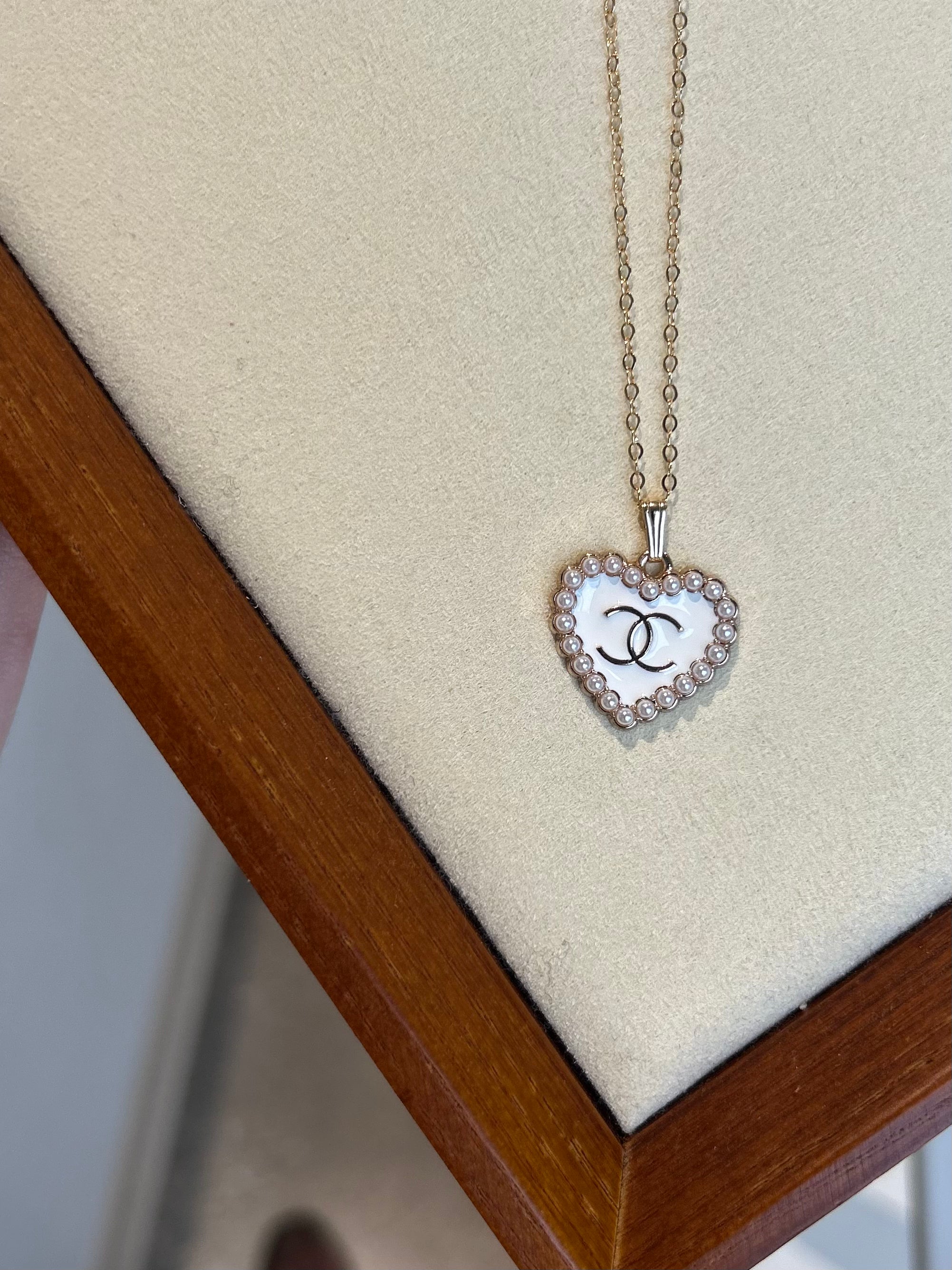 Luxury Upcycled Double "C" Pearl White Heart 14k Gold Filled Flat Cable Necklace 1108