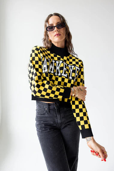 Gameday Social Iowa Checkerboard Cropped Crew Sweater