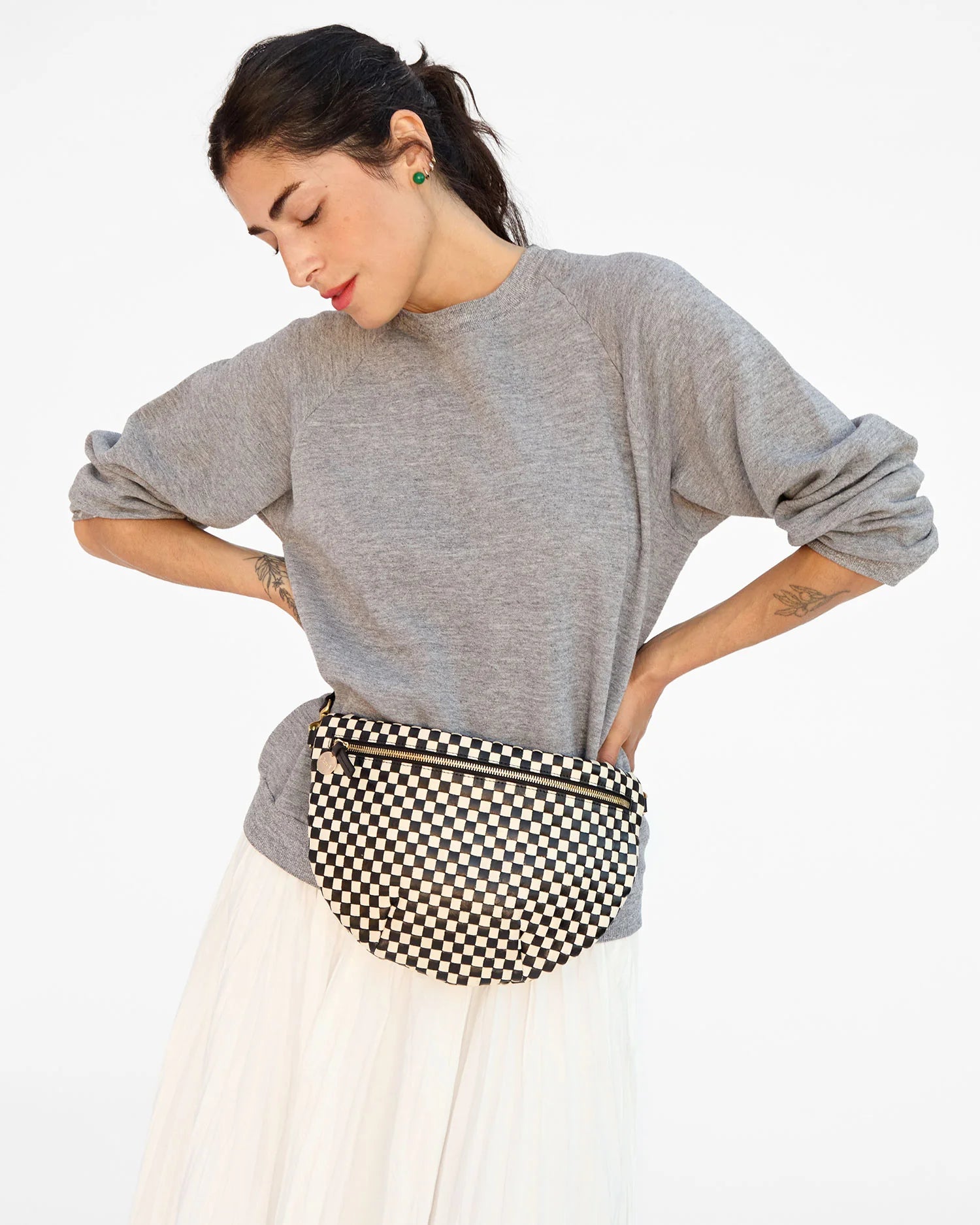 Clare V. Grande Fanny Woven Checker Black/Cream HB-FP-GF-100045