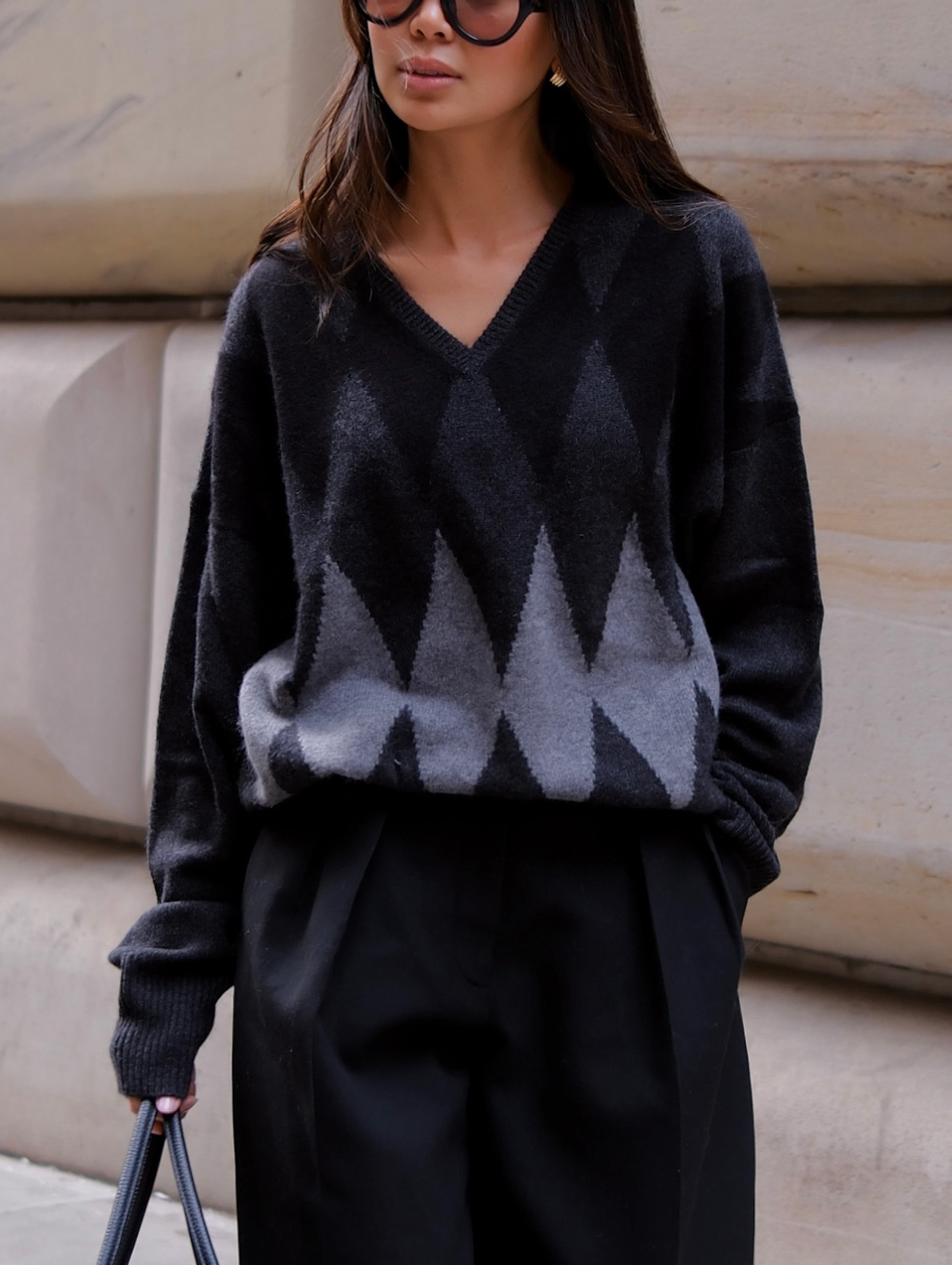 White + Warren Cashmere Argyle Oversized V Neck 21970