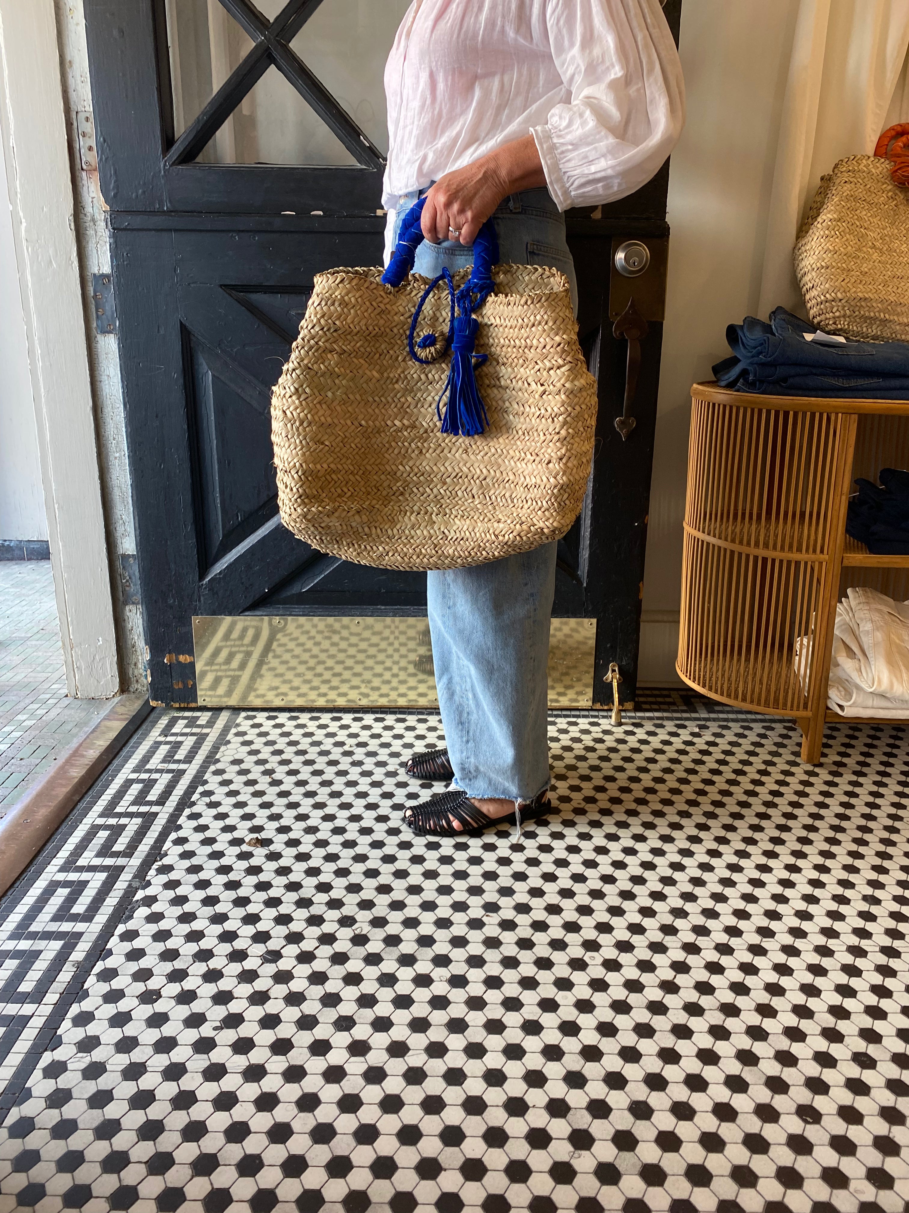 French Market Bags Straw Tote Bag with Leather Straps