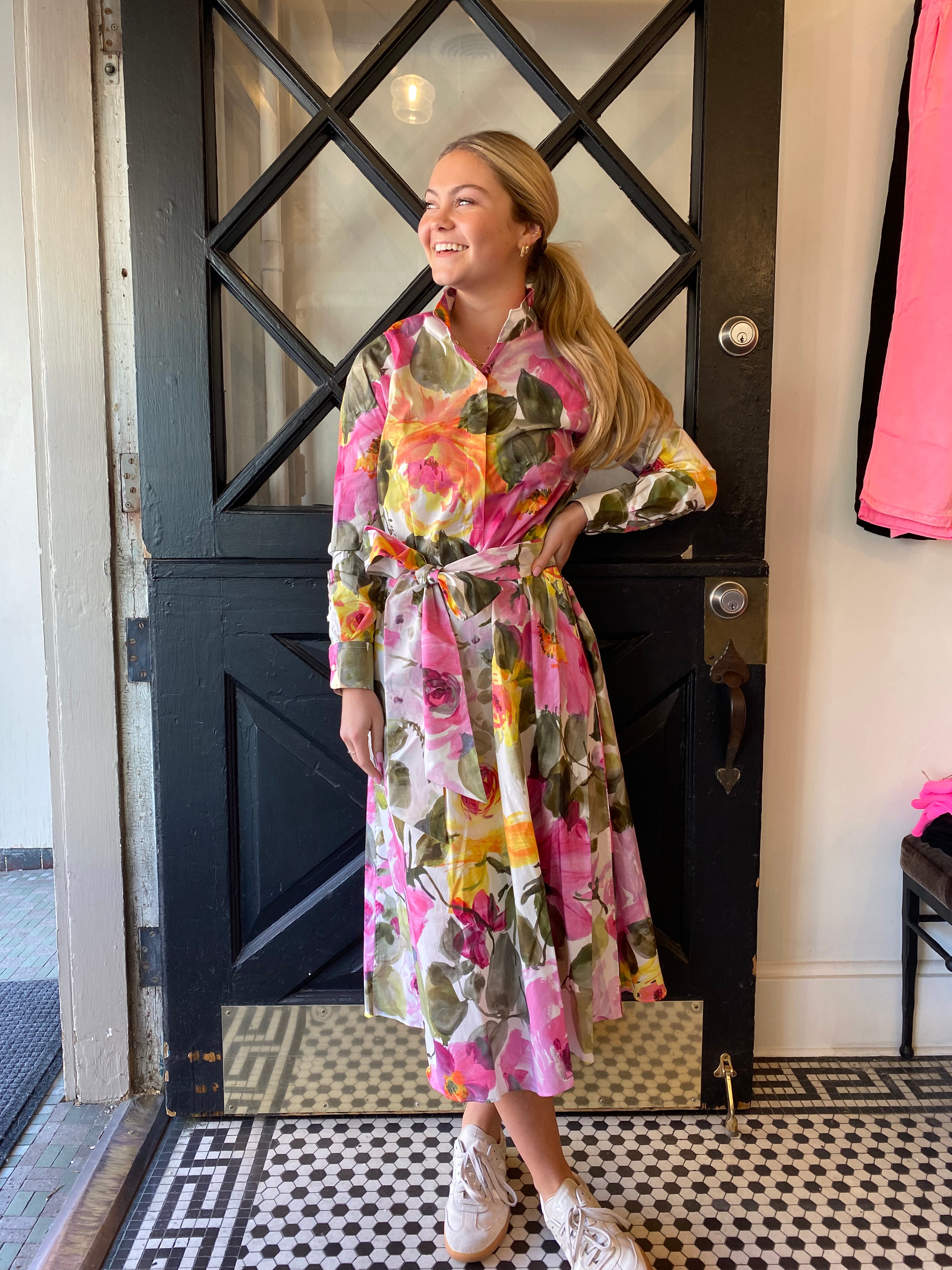 Ann Mashburn Annette Popover Dress Pink/Olive Floral Stretch Poplin
