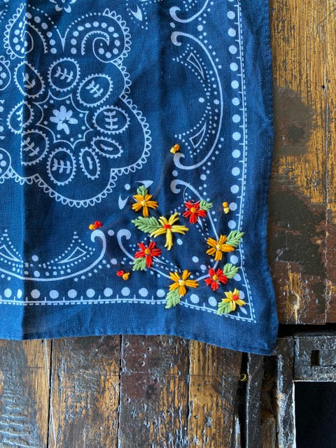 Little Lamb Embroidered Navy Bandana With Bright Flowers