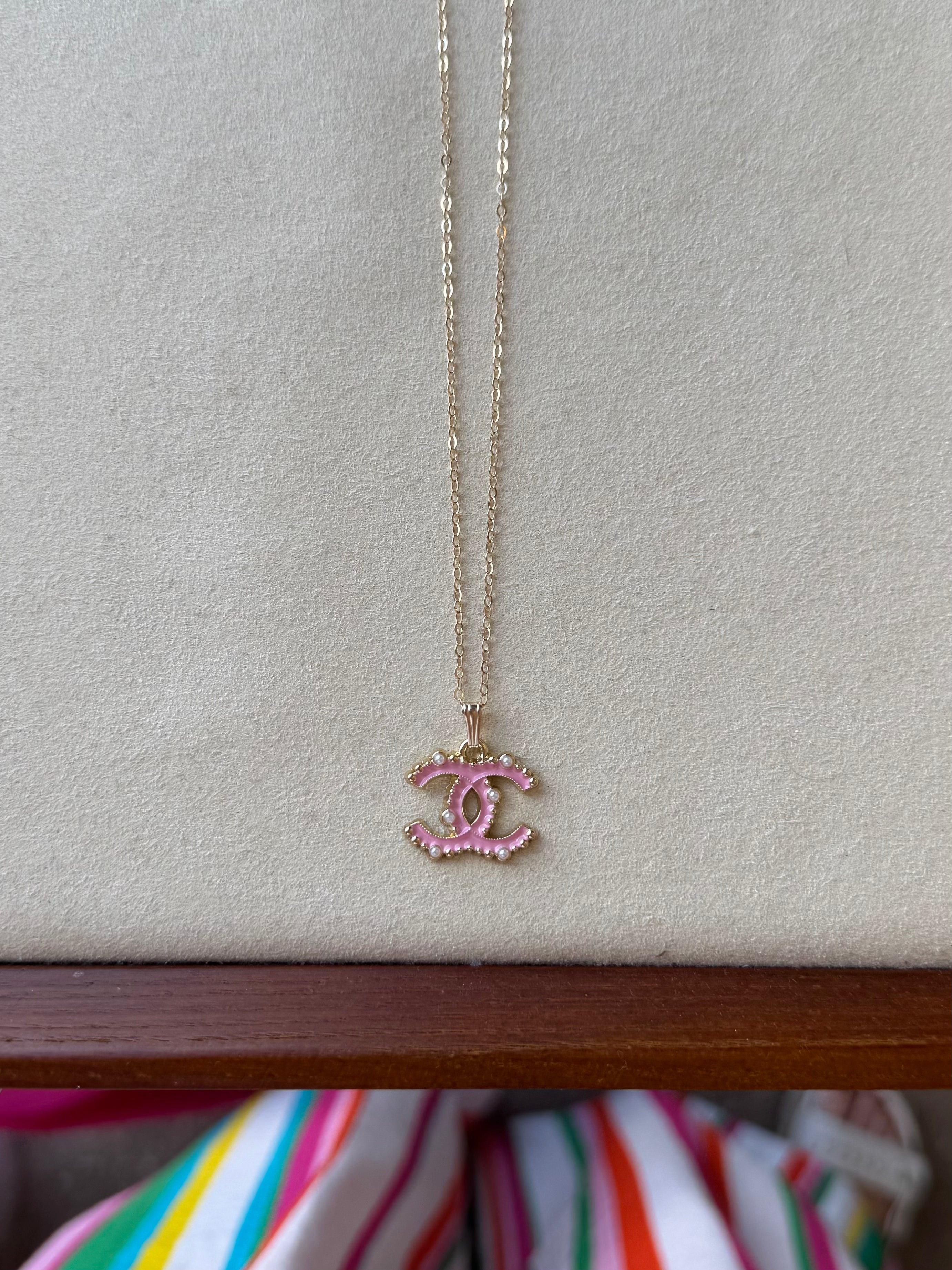 Luxury Upcycled Pink Double "C" with Jewel Detail 14K Gold Cable Necklace 1061