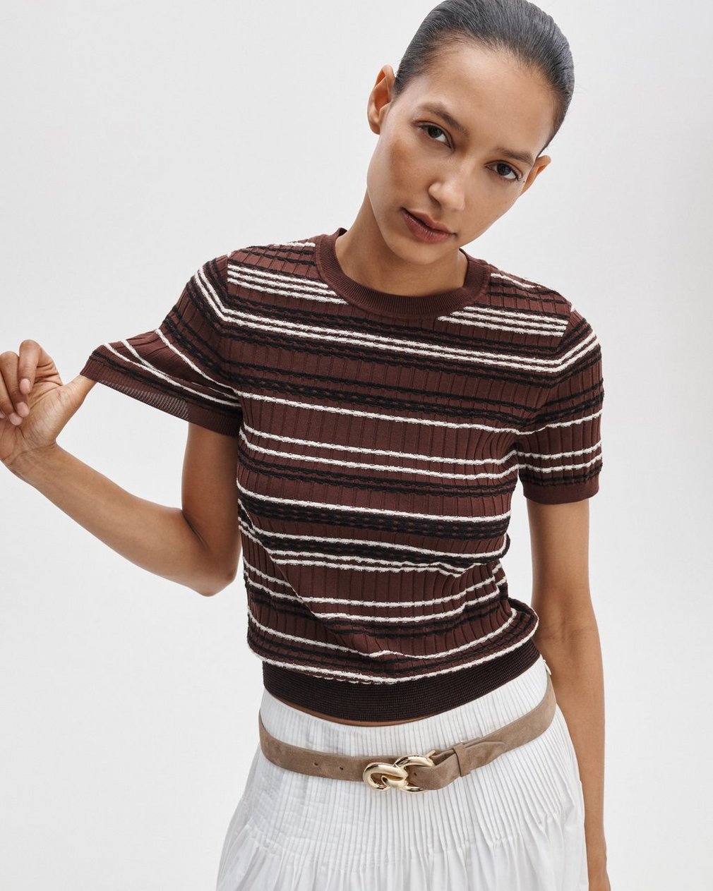 Rag & Bone Karina Striped Short-Sleeve Sweater Mahogany