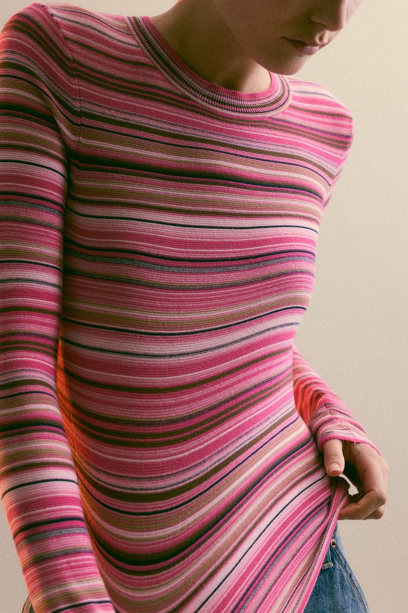 Pistola Madison Long Sleeve Crew Neck Sweater - Pink Brown Multi Stripe