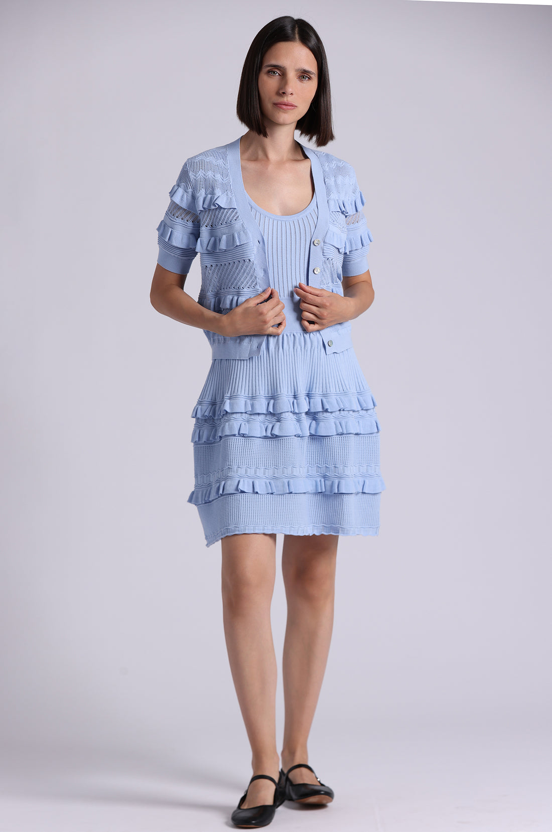 Minnie Rose Pointelle Ruffle Cropped Cardi