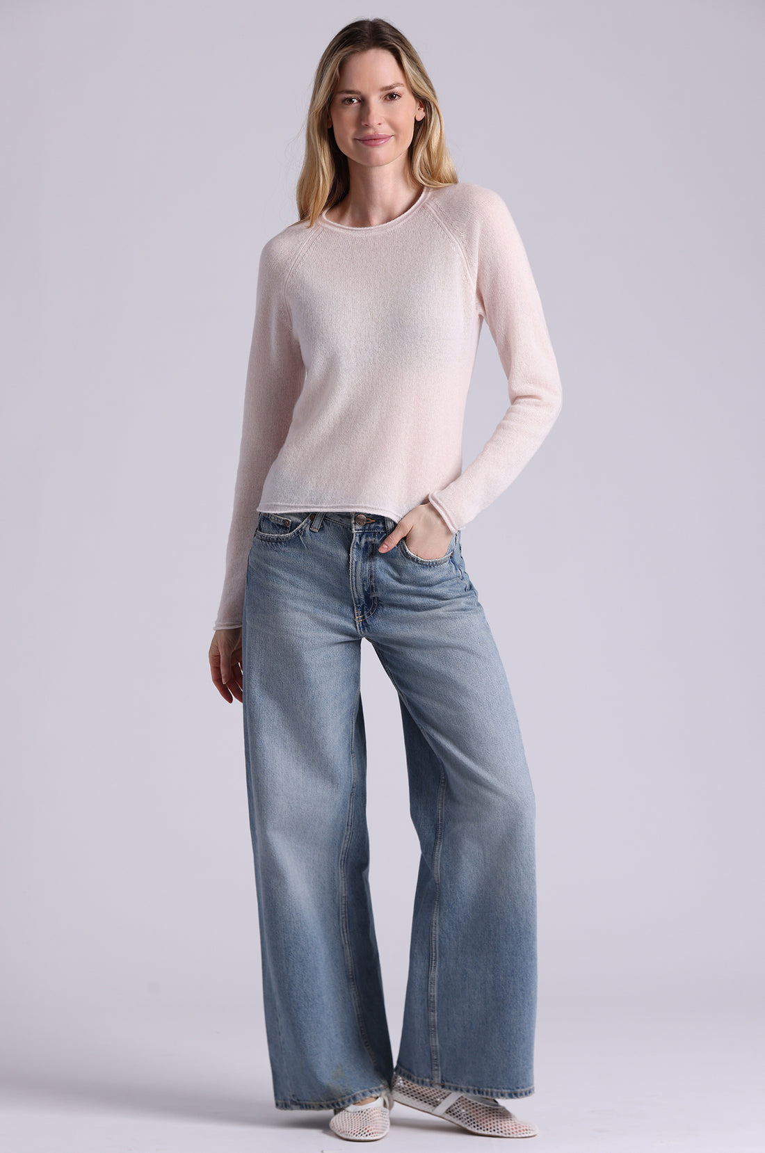 Minnie Rose Cashmere Raglan Crew With Rolled Trim