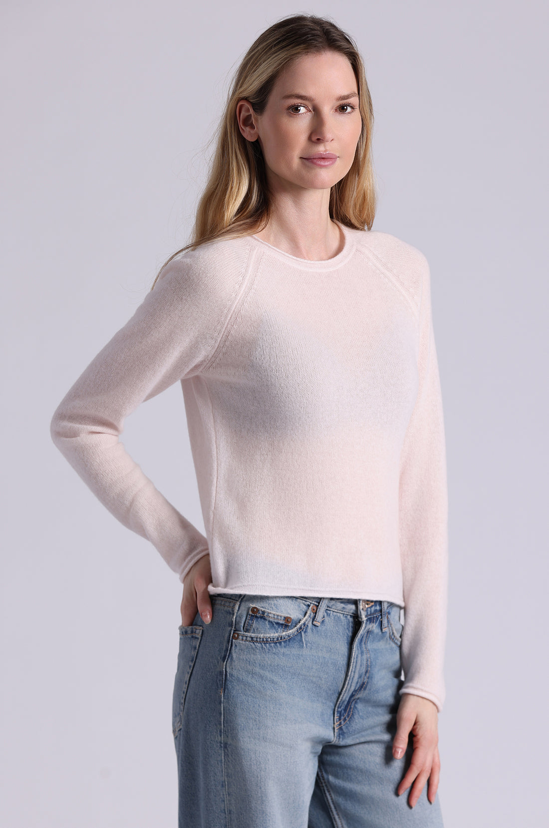 Minnie Rose Cashmere Raglan Crew With Rolled Trim