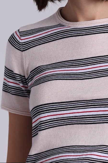 Minnie Rose Cotton Cashmere Striped Short Sleeve Crew - Lotus Combo