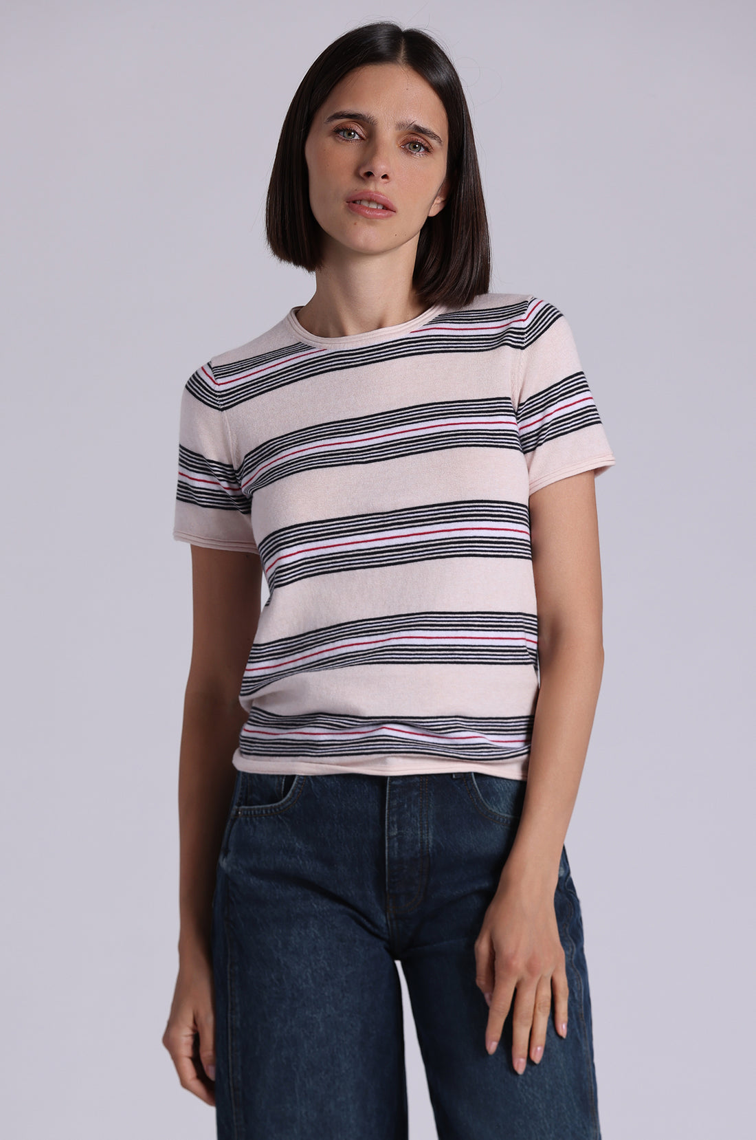 Minnie Rose Cotton Cashmere Striped Short Sleeve Crew - Lotus Combo