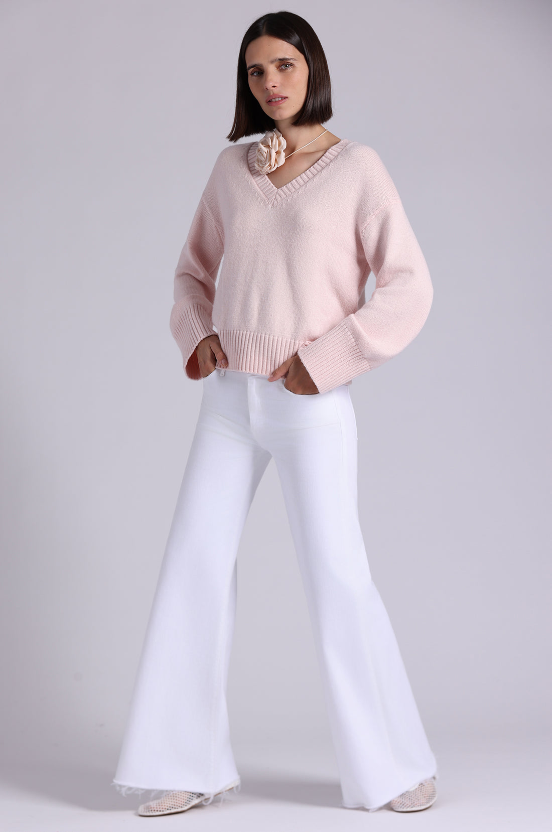 Minnie Rose Luxe Cotton/Cashmere Boxy V Neck 9739