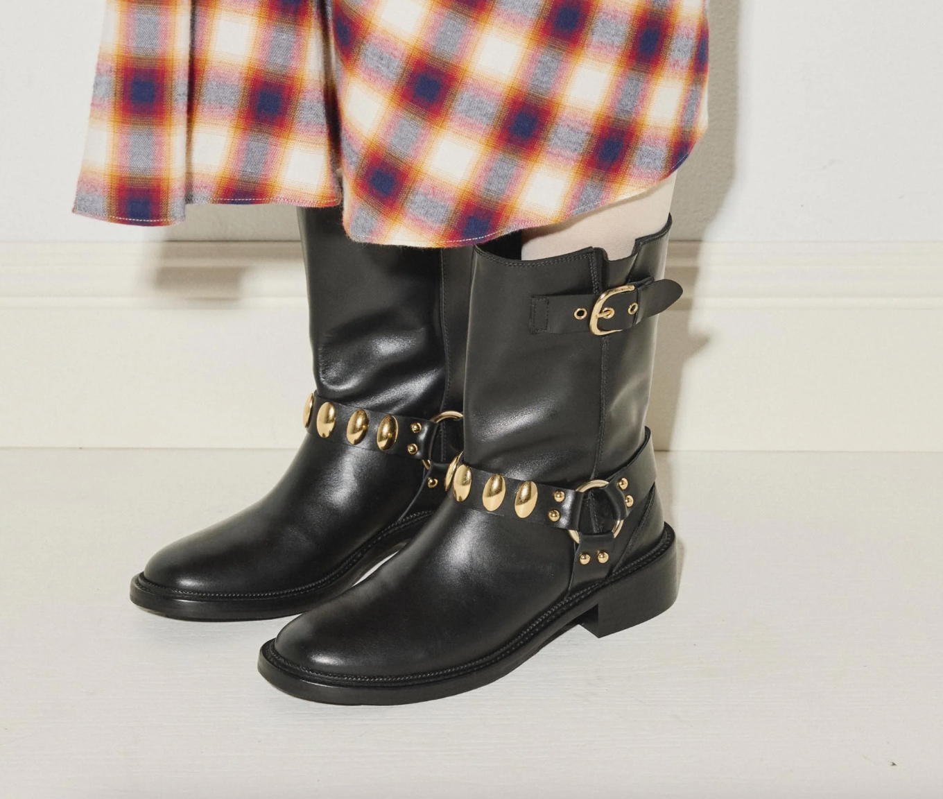 Freda Salvador AERI Black Calf Boot with Gold Hardware