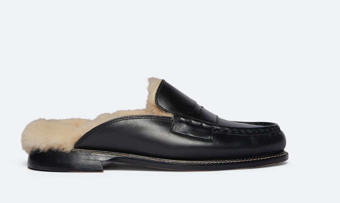 Freda Salvador TEMI Black Calf Penny Loafer with Shearling