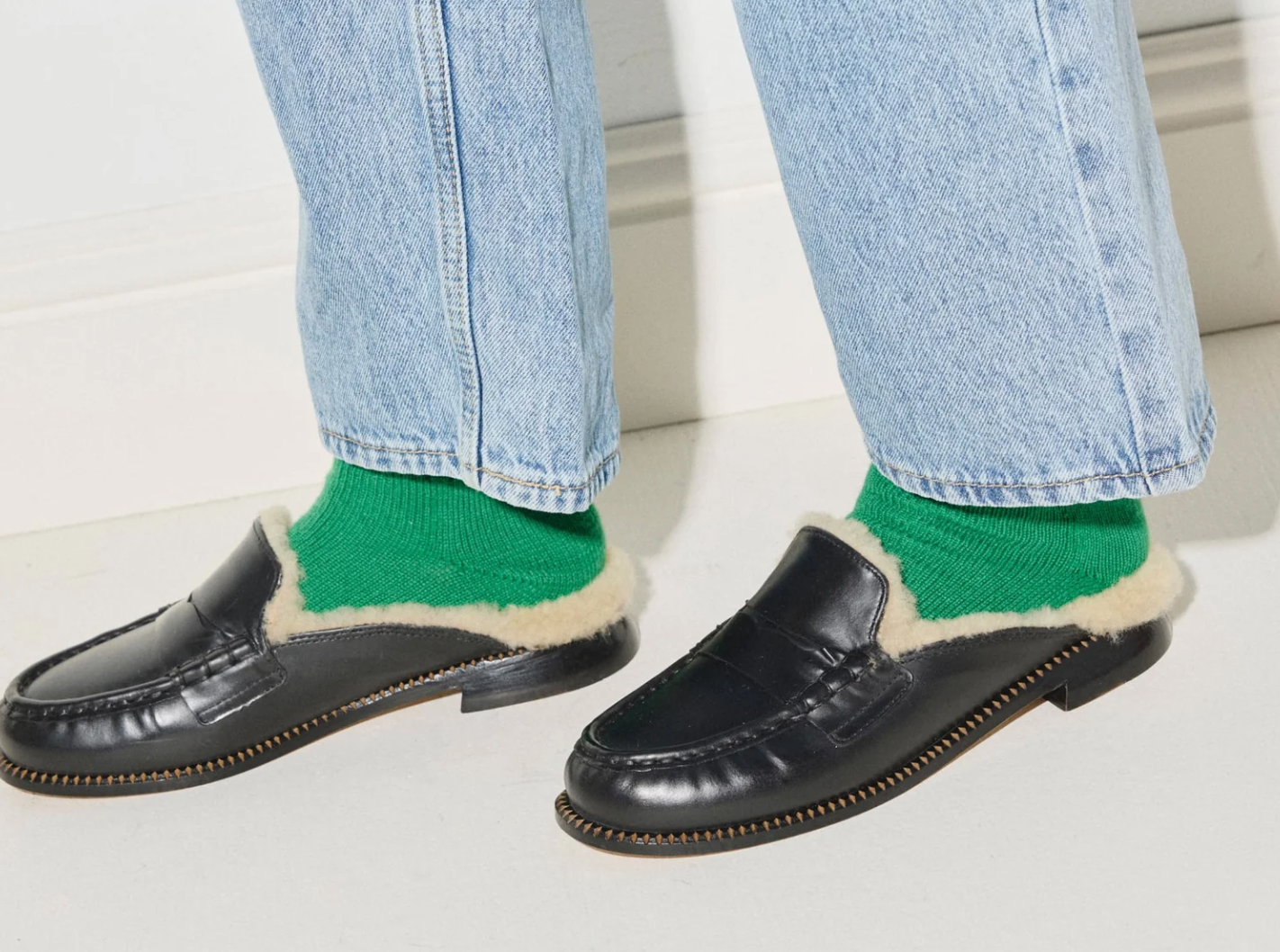 Freda Salvador TEMI Black Calf Penny Loafer with Shearling