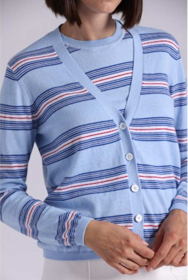 Minnie Rose Cotton Cashmere Striped V-Neck Cardigan - Sky Blue Combo