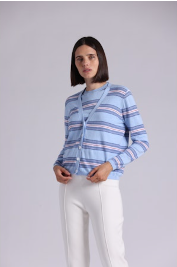 Minnie Rose Cotton Cashmere Striped V-Neck Cardigan - Sky Blue Combo