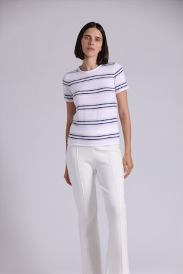 Minnie Rose Cotton Cashmere Striped Short Sleeve Crew - Lotus Combo