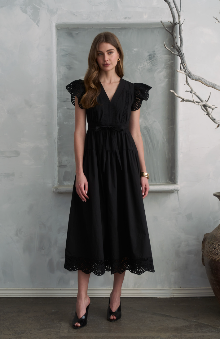 Moon River V-neck Short Ruffle Sleeve Lace Detail Midi Dress MR9909