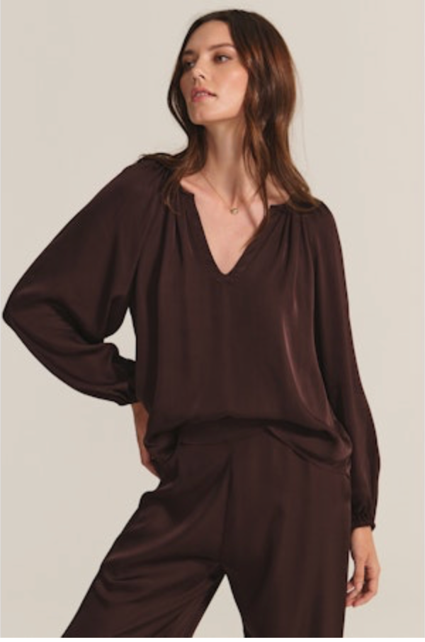 Velvet Lyla Silk Velvet Satin Mix Media V-Neck Blouse
