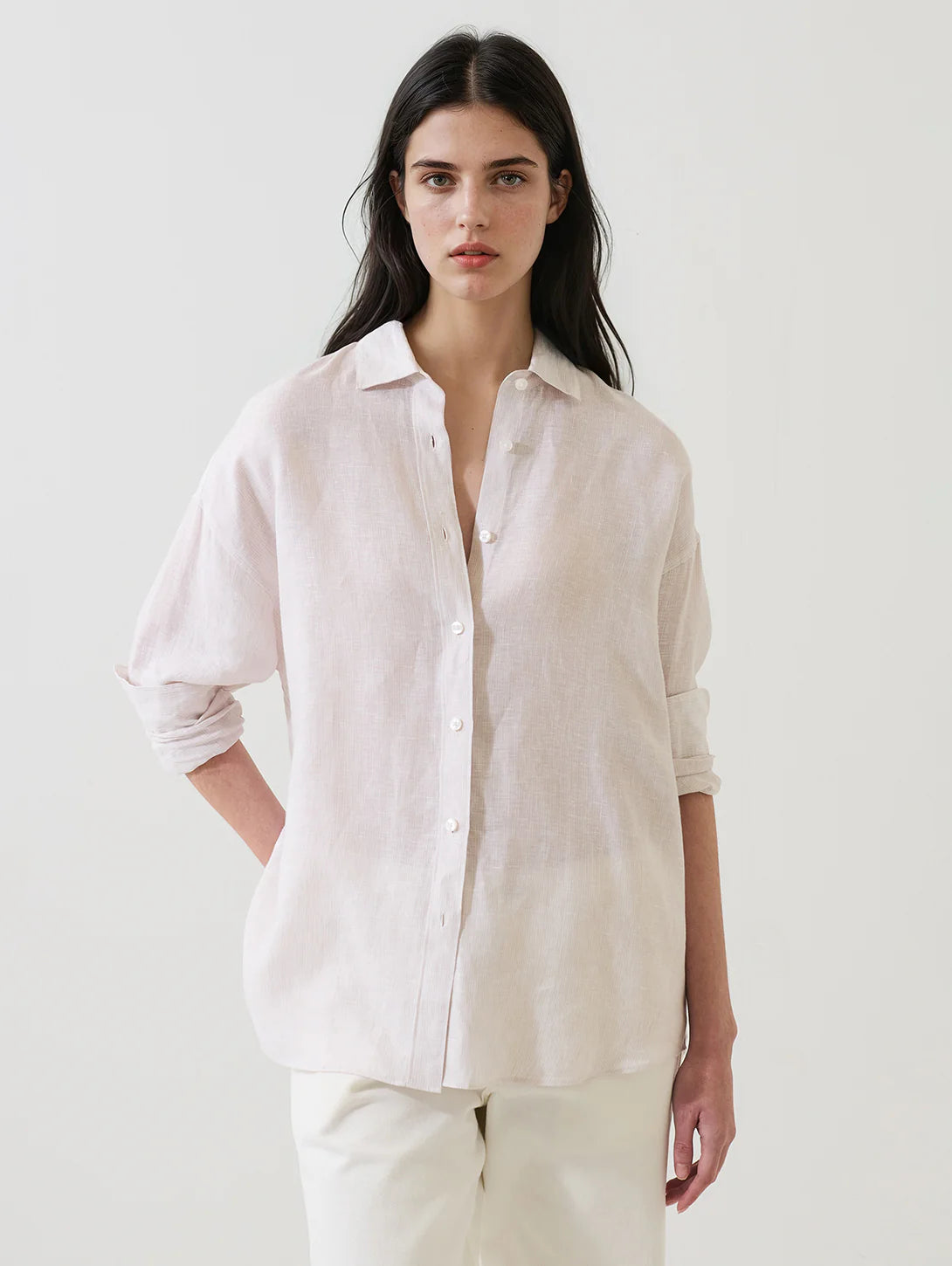 Patrick Assaraf Linen Stripe Boyfriend Shirt W4309D05B