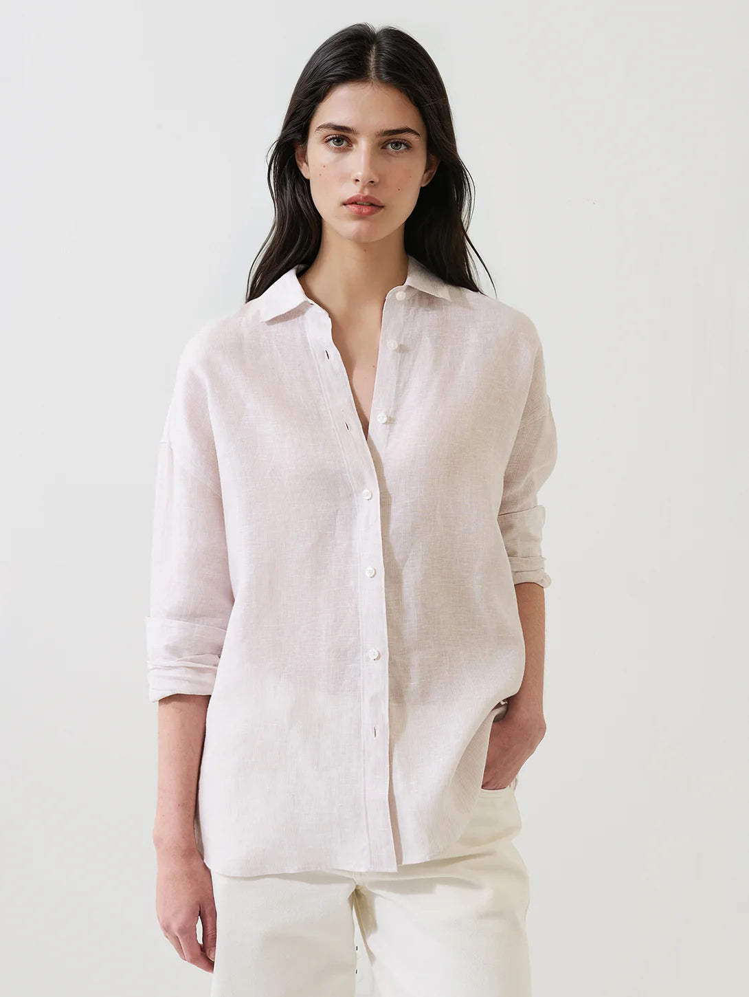 Patrick Assaraf Linen Stripe Boyfriend Shirt W4309D05B