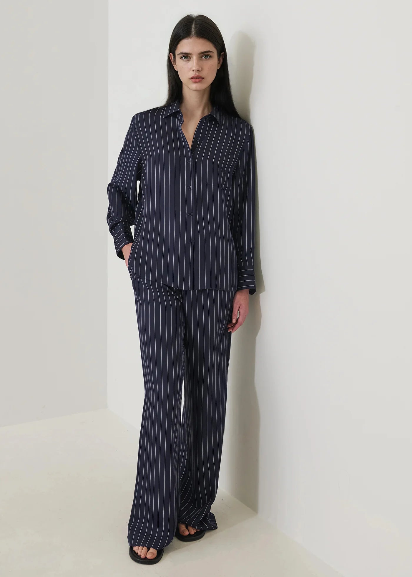 Patrick Assaraf Pinstripe Silk Boyfriend Pocket Shirt W47D25B