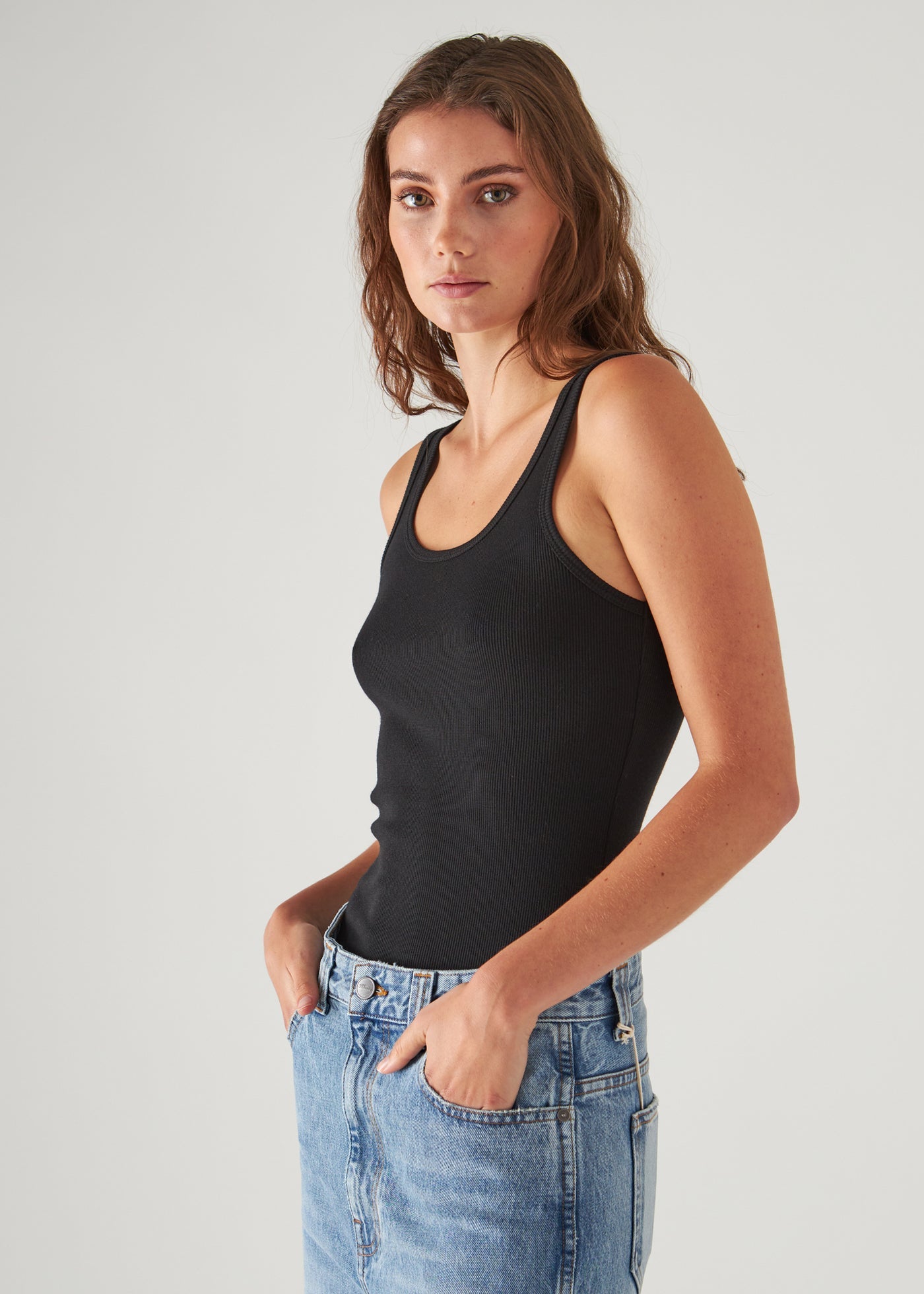 Patrick Assaraf Pima Cotton Stretch Scoop Neck Rib Tank W954C08